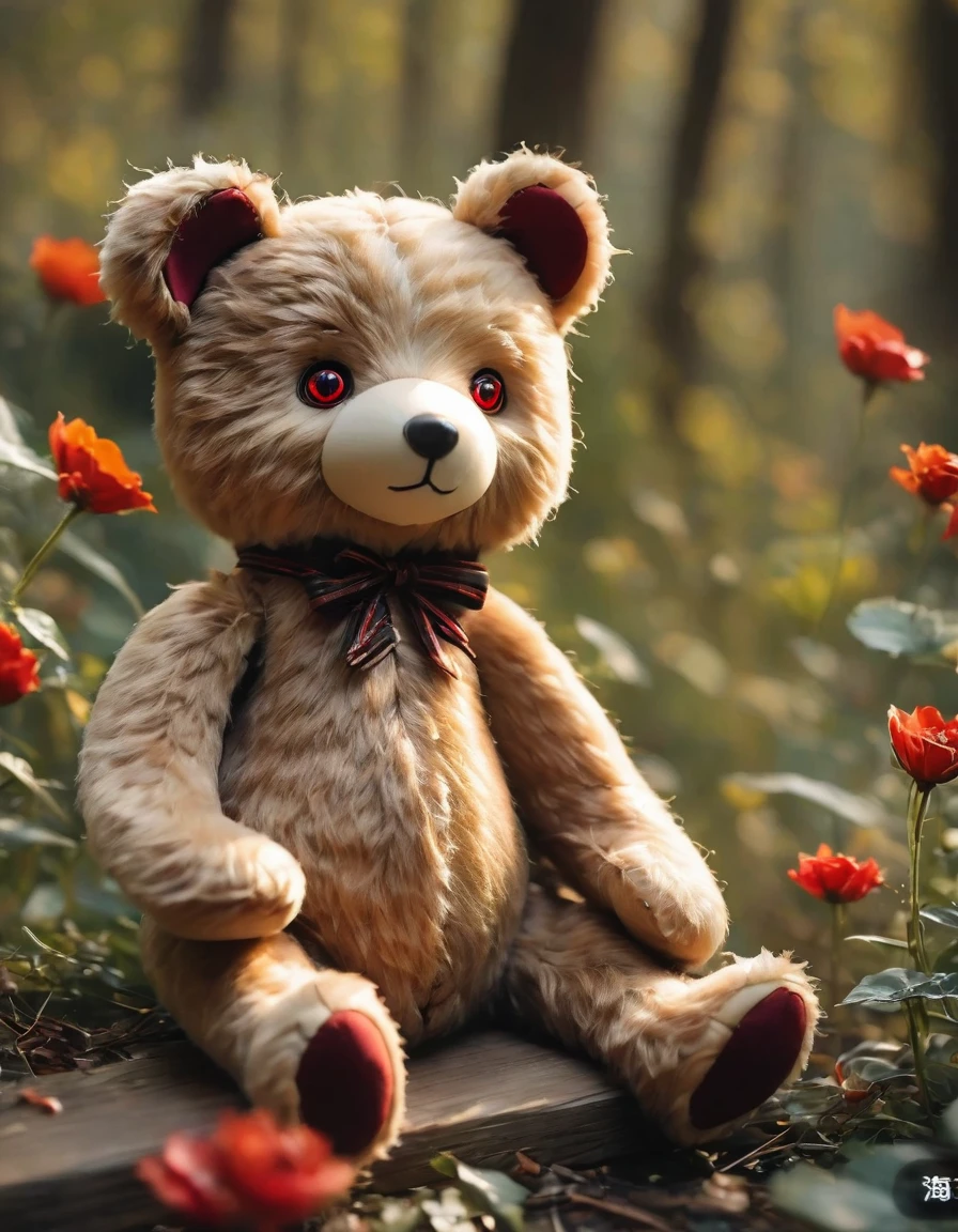 (masterpiece, best quality: 1.2),1 Scary Teddy Bear，Delicate red eyes,giggle，,(),，Take a knife，Low light，forest,，Horror atmosphere,Ultra HD, masterpiece, High Detail, high quality, best quality, high resolution