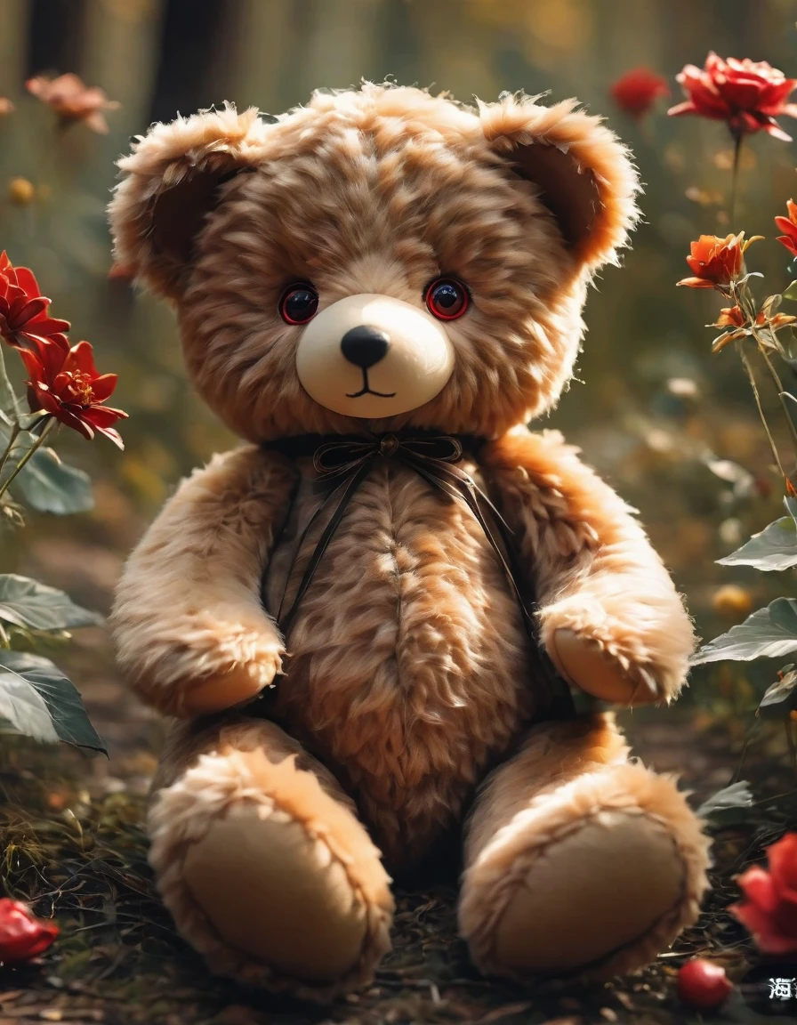 (masterpiece, best quality: 1.2),1 Scary Teddy Bear，Delicate red eyes,giggle，,(),，Take a knife，Low light，forest,，Horror atmosphere,Ultra HD, masterpiece, High Detail, high quality, best quality, high resolution