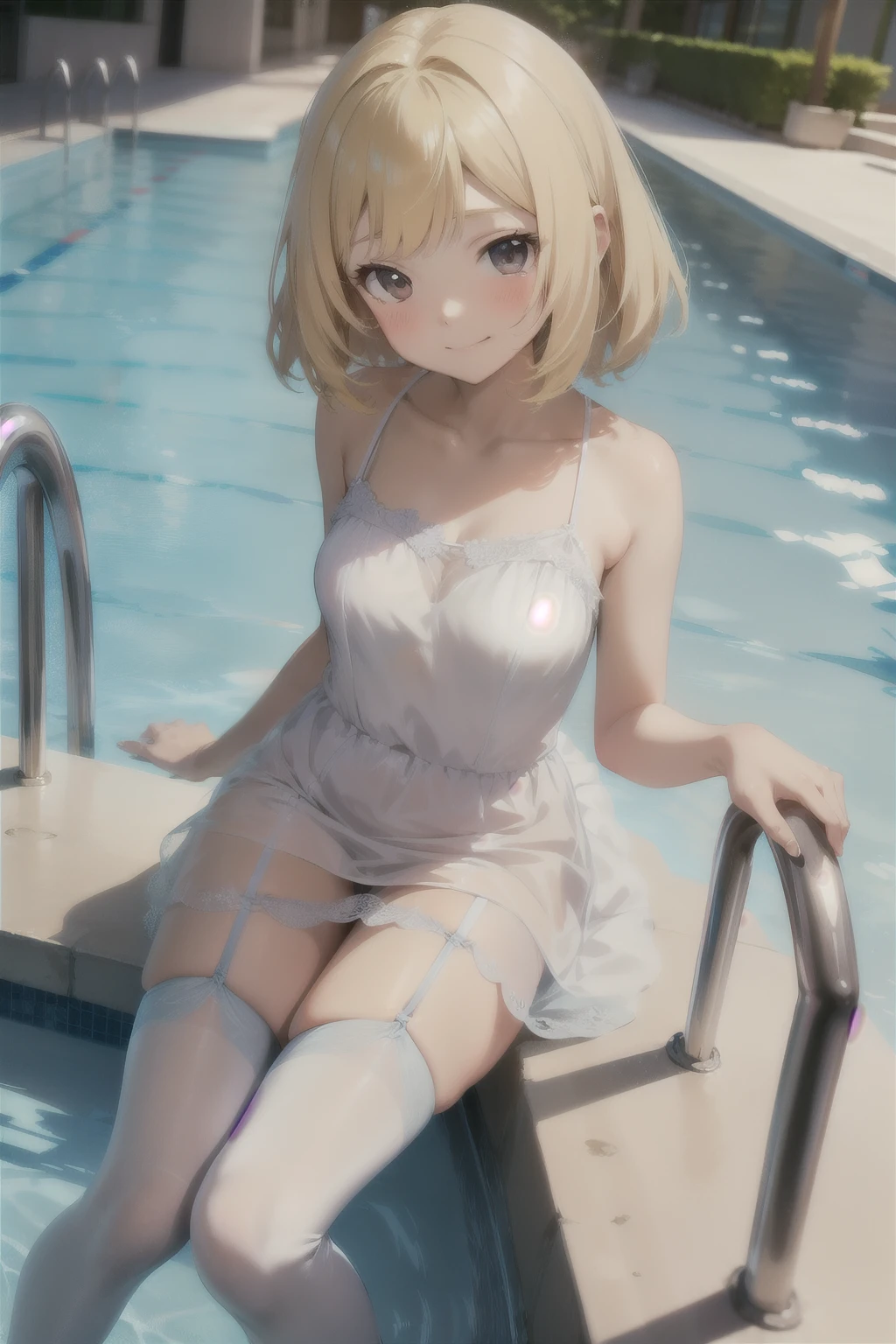 Anime style, pokemon , lile  , blonde hair  ,childshi body ,  smug face smile , blush ,white  dress, pantie,  lace stockings ,  pool , 