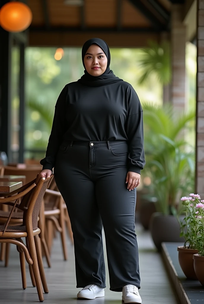 matured 40 years old chubby malay girl in hijab standing pose wear leging pants and open leg wide showing below ass and smiling in a dark forest ,with eye close, bottom angle shot, wet body, wet face with ,