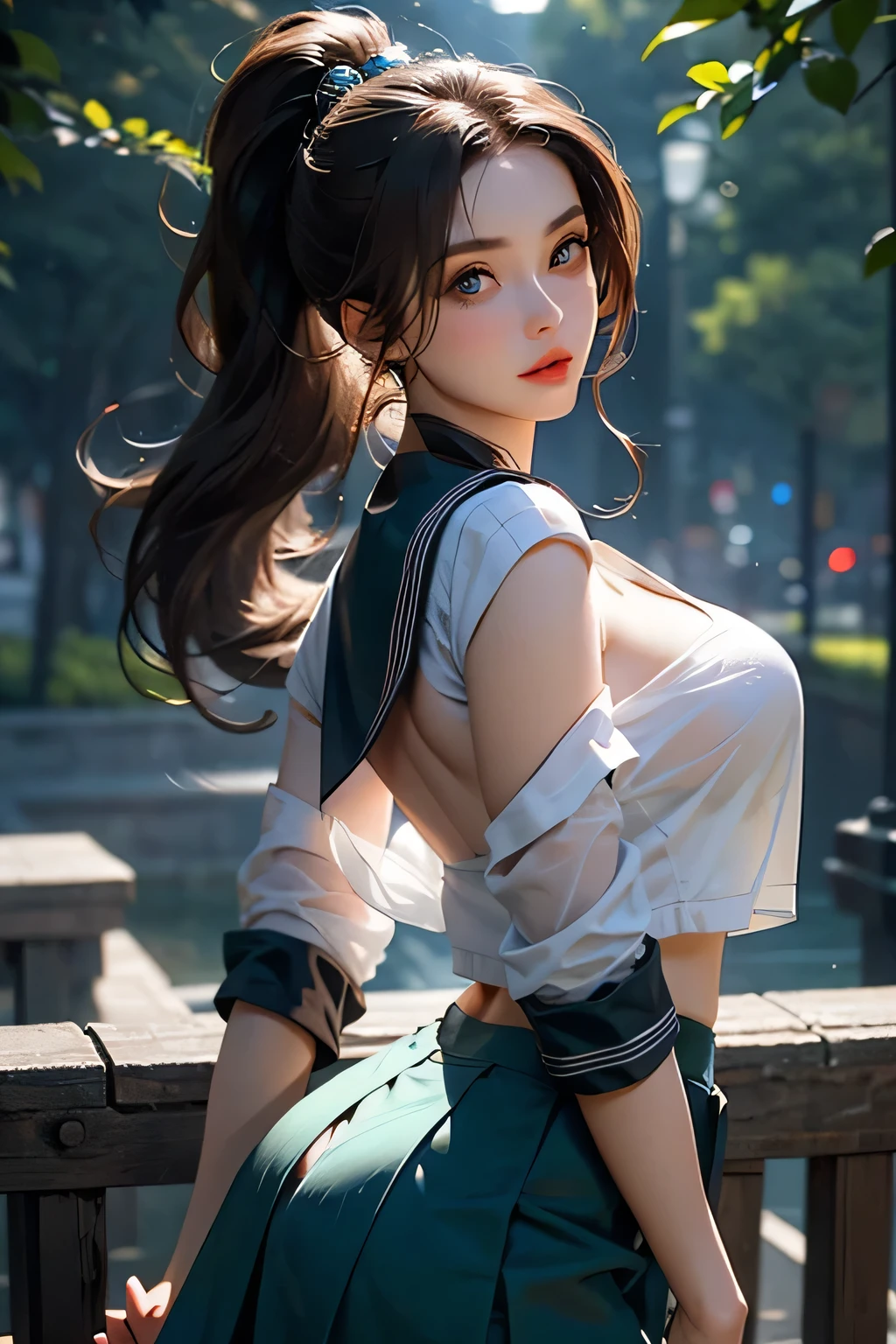 masterpiece, 最high quality, high quality, High resolution, High quality texture, high qualityの影, Attention to detail, Beautiful details, In detail, Realistic, colorful, Cinematic Light, Side light, Lens flare, Ray Tracing, Sharp focus, (Intricate details, compensate, Pure Eros Face_v1:0.5), (detailed beautiful delicate face, Detailed beautiful eyes, Perfectly balanced face,Detailed skin, The optimal ratio is four fingers to one thumb, BIG ASS,Wide ass,Round ass,Plump buttocks,(Large Breasts), (Cleavage), ((Smooth texture, Realistic texture, PhotoRealistic)), (Big eyes,Beautiful eyes in every detail, Beautiful eyelashes, Emerald Eyes), (((dark brown semi-long hair, ponytail))), 1 female, (((Sailor shirt, No sleeve, Front opening))), (((Green mini skirt))),(Beautiful Face, Cute Face, Detailed face), (((sunny))), Perfect Eyes, ((Exposed skin on shoulders)),White underwear,Sexy Underwear,Rolling up her skirt,Underwear is visible