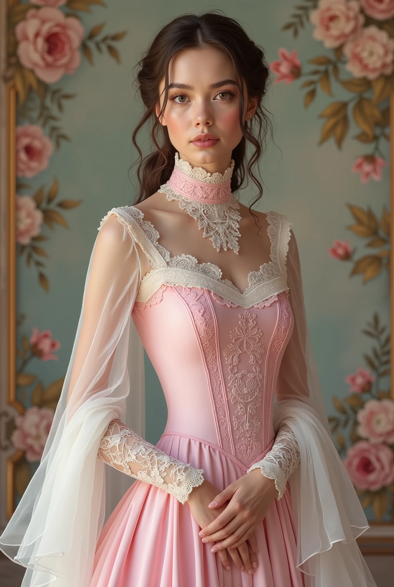 Victorian woman in pink and white colors 