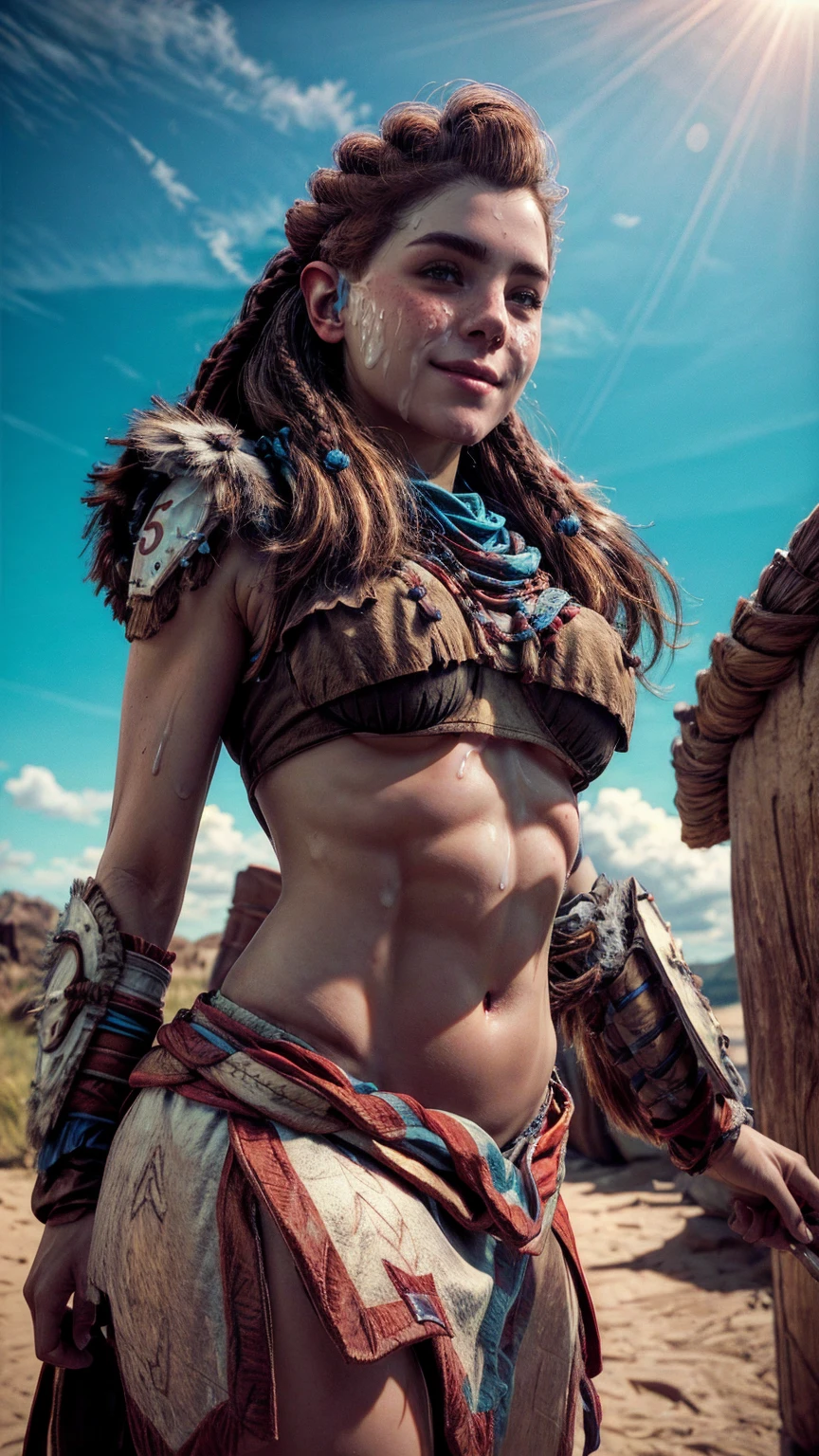 AloyHorizon, solo, long hair, smile, brown hair, hair ornament, navel, female pole vaulter physique, brown eyes, braid, outdoors, parted lips, sky, day, midriff, red hair, hands behind head, bikini armor, armor blue sky, lips, thick eyebrows, shoulder armor, freckles, looking into camera, cumfacial55, cum on face, cumshot, cum
cumfacial
facial 