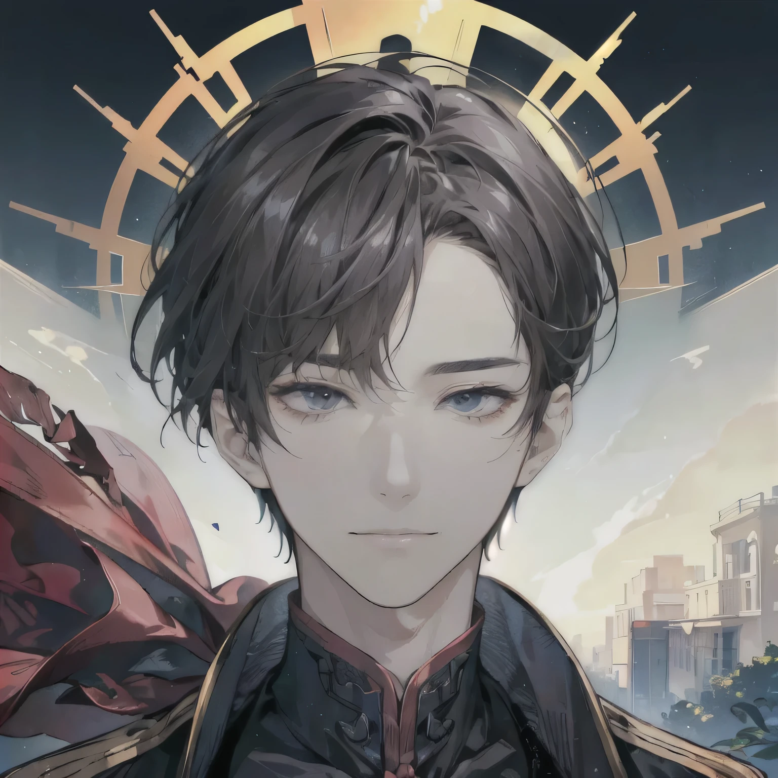 masterpiece, best quality, 1 Boy, Brown hair, Blue eyes, Black coat, Delicate eyes, Detailed facial features, Realistic and high resolution (best quality, 4K, 8k, high resolution, masterpiece:1.2)