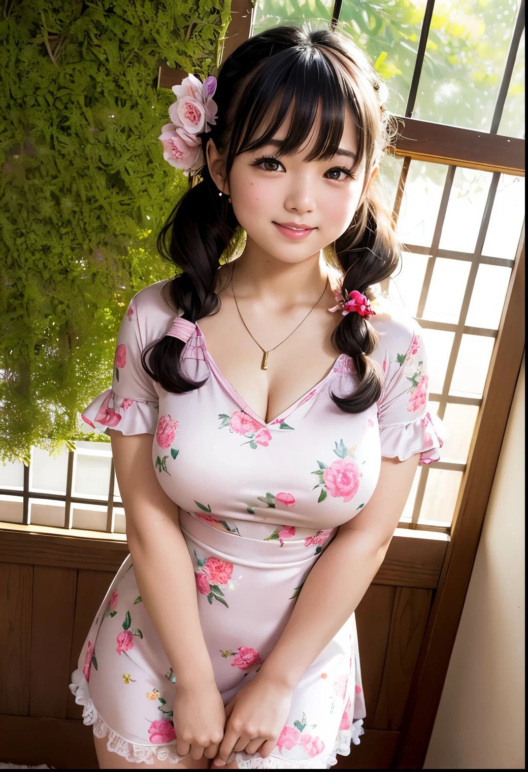 (Highest quality,masterpiece:1.3,Ultra-high resolution),(Very detailed、Caustics) (Realistic:1.4, RAW shooting、)Ultra-Realistic Capture、Very detailed、Natural skin texture、masterpiece、(A Japanese elementary school girl wearing a thin satin floral dress:1.3)、Adorable expression、Expressions of happiness、、height: 140cm、Baby Face、Pure girl、Amazingly cute、Twin tail hairstyle、Curly Hair、ribbon、Black Hair、Large Breasts、Shining thighs、Shining ass、necklace、Taken at the cape of Miyakojima、Background details、smile、An inviting gaze、(Anatomically correct)、Cowboy Shot、Attention to detail、