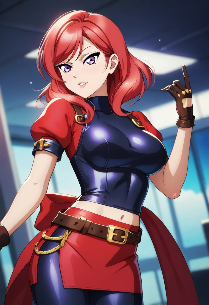 masterpiece, best quality, nishikino maki,red hair, medium hair, purple eyes , Athena asamiya cosplay, big breasts, red crop top, blue short sleeves,gloves,red skirt,belt,(skin tight:1.2)