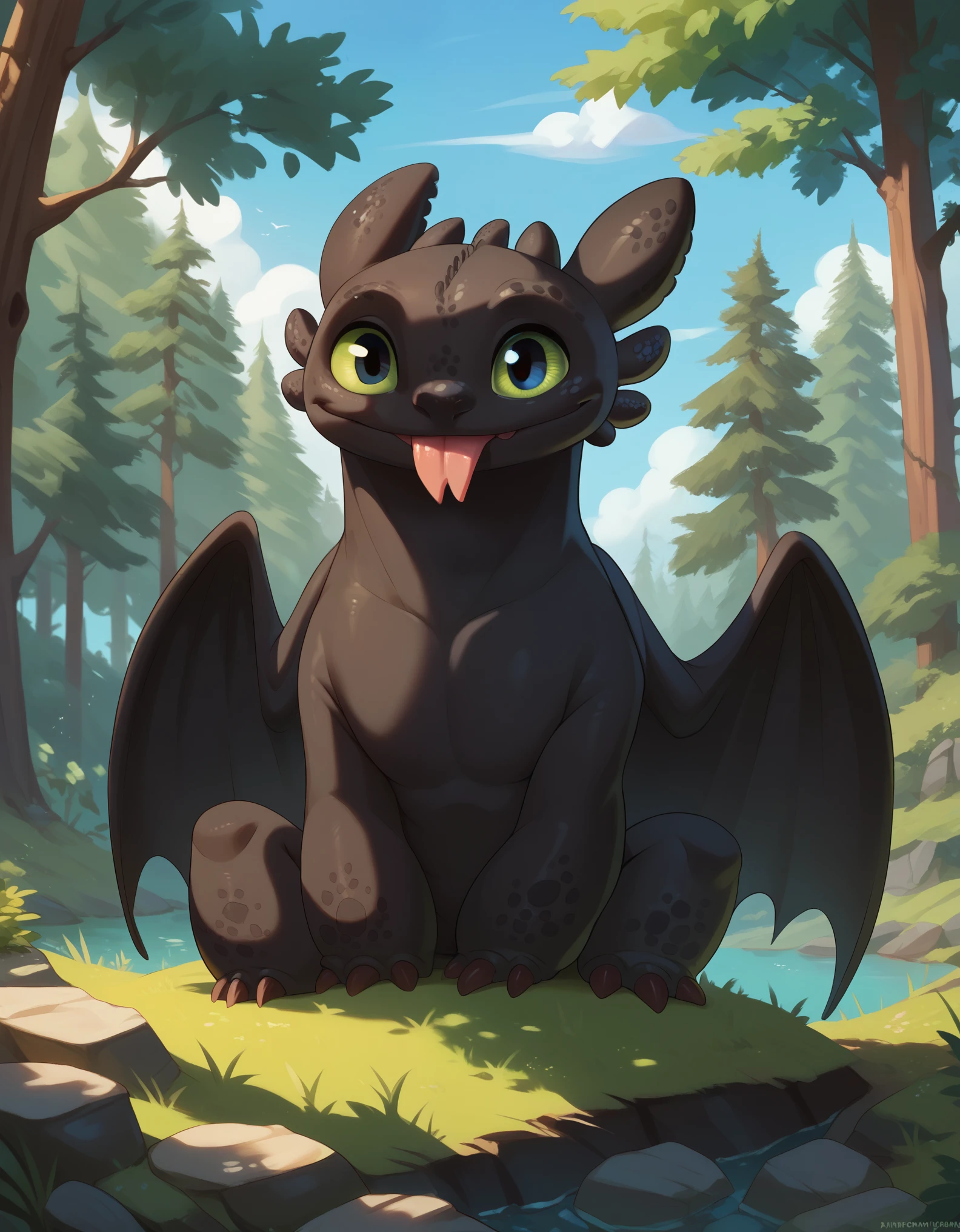 score_9, score_8_up, score_7_up, score_6_up, toothless_httyd, smile, tongue out, looking at viewer, forest, outside, day, sky, forked tongue, sitting