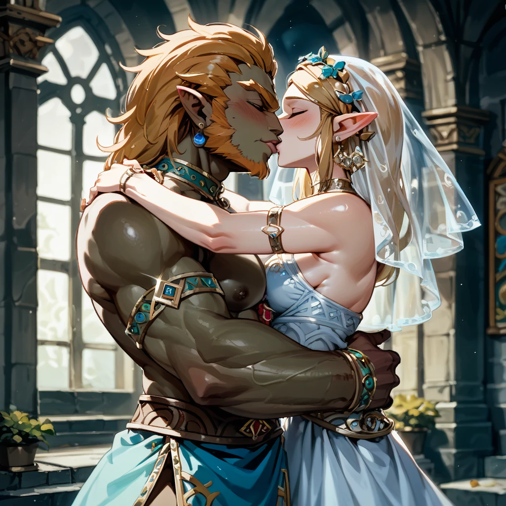 ((Highest quality)), ((masterpiece)), (detailed), （Perfect Face）、The woman is Princess Zelda with blonde, medium-long hair, wearing a Gerudo wedding dress and an engagement ring.、At the Gerudo royal castle, the woman and Ganondorf embrace each other, kiss each other, fall in love, and hold a grand wedding ceremony.、A loving couple who pledge eternal love to each other