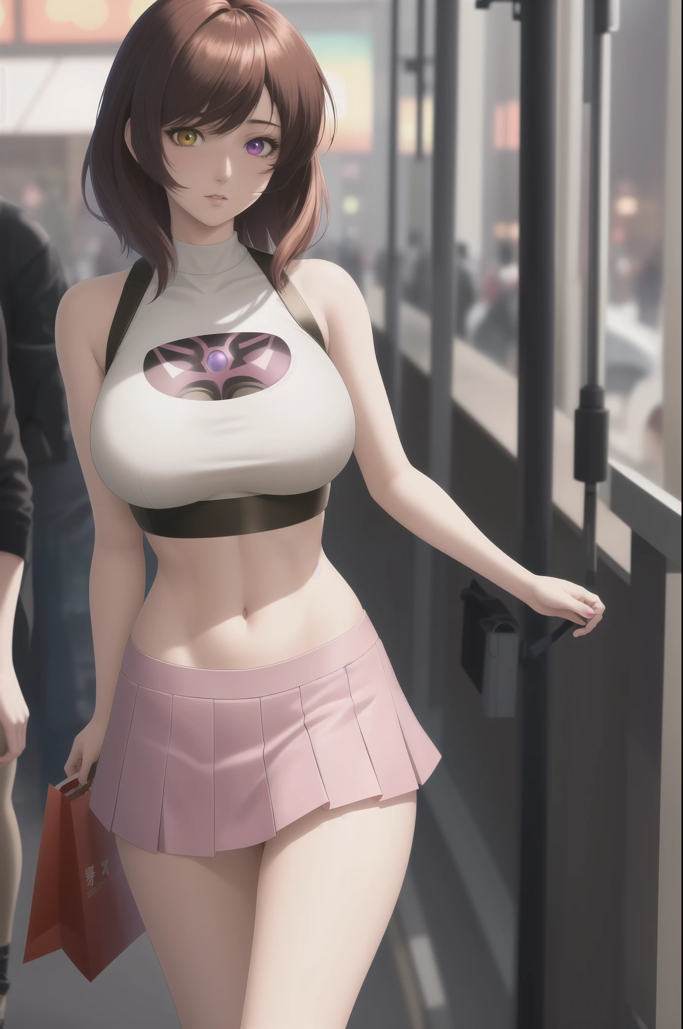 {{{masterpiece}}}, {{detailed}}, {detailed background}, {best quality}, high quality, high-definition, 4k, lights, glares, {detailed eyes}, motoko kusanagi, shoulder length messy brown hair, heterochromia red and grey, white crop top with black symbols and pink skirt, happy, shopping, Full body Beautiful anime style woman, clean detailed faces, intricate clothing, analogous colors, glowing shadows, beautiful gradient, depth of field, clean image, high quality, high detail, high definition, Luminous Studio graphics engine, cute face, slim waist, nice hips,