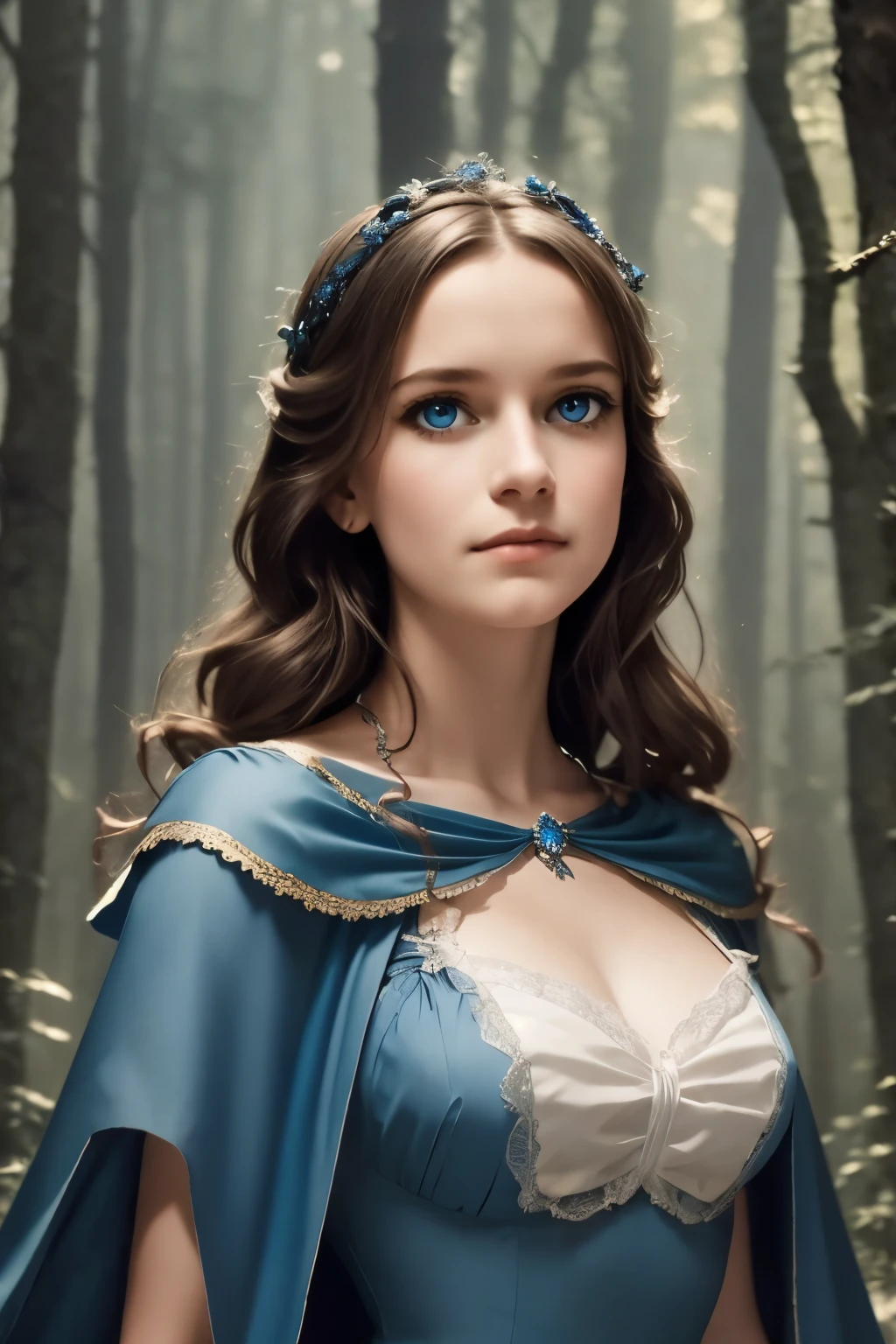 masterpiece, best quality, marianne_timeskip, blue dress, capelet, dark alpine forest, standing, night, looking up, upper body, detailed face 