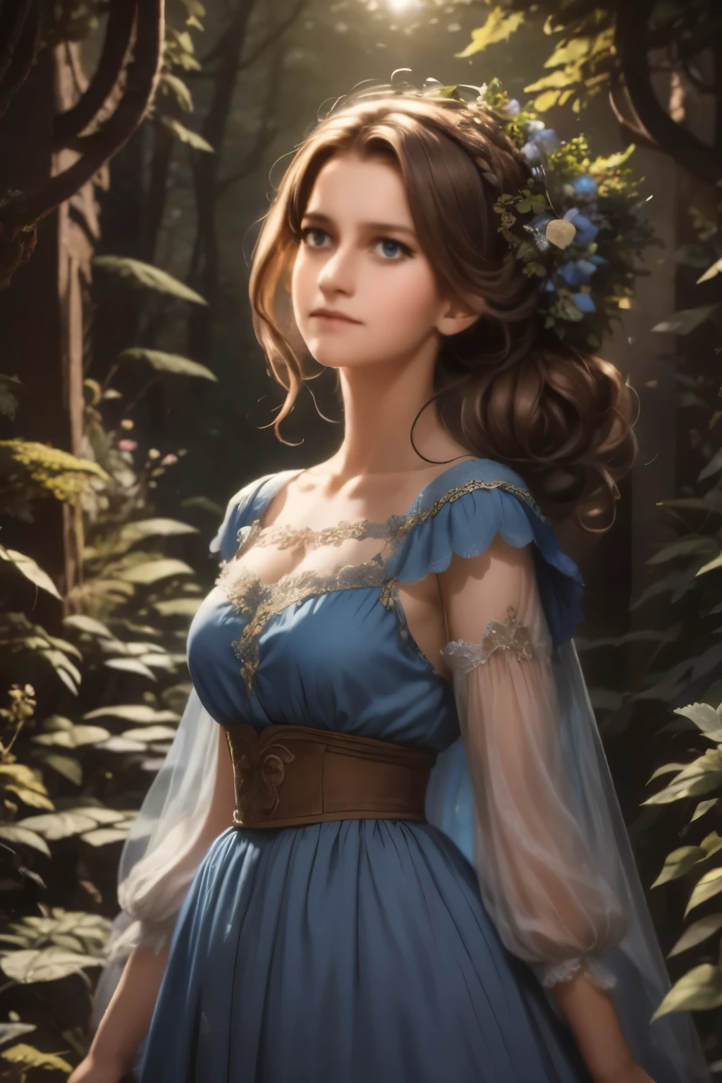 masterpiece, best quality, marianne_timeskip, blue dress, capelet, dark alpine forest, standing, night, looking up, upper body, detailed face