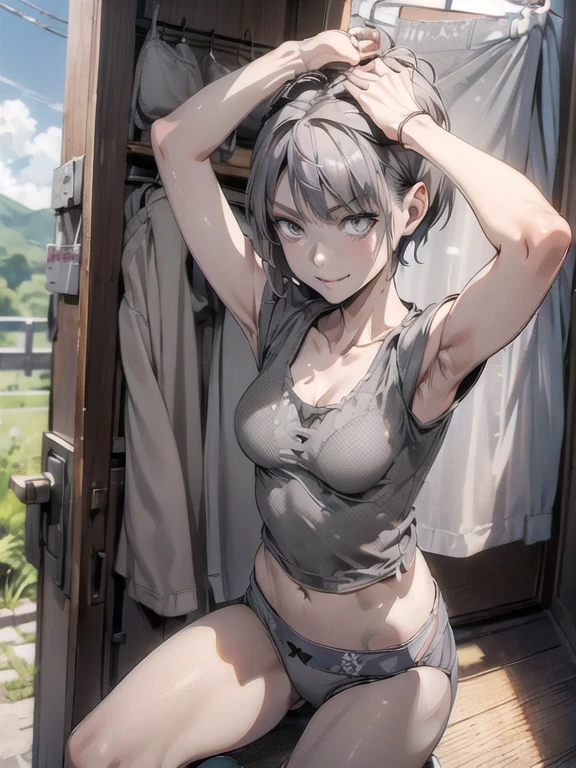 Japanese women、cute、Beauty、(Grey underwear:1.8)、ccurate, hair behind ear, pixie cut, smile, shy, delicate, (Slender:1.3), Cleavage, (Small breasts:1.4), pout, Surrealism, anaglyph, stereogram, tachi-e, ass pov, atmospheric perspective, 8k, super detail, best quality, uhd, masterpiece, anatomically correct, textured skin, highres、(Changing clothes:1.8),