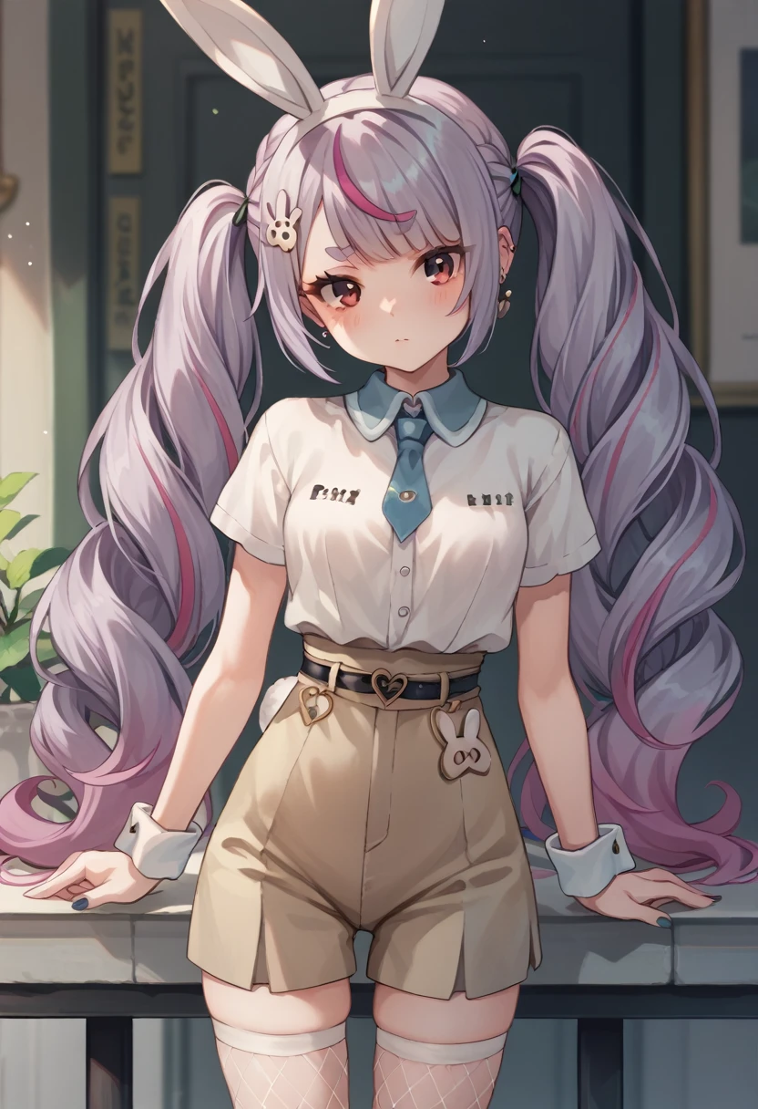 osaki_Mimi,Mimi2nd,light purple hair,long hair,twin tails,multicolored hair,pink hair,red eyes,short eyebrows,big hair ornament,fake rabbit ears,braid,streaked hair,(white shirt:1.2)small breasts,