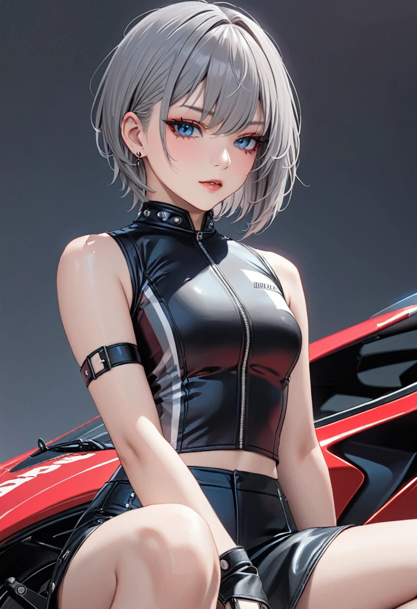 1girl, roadracer, masterpiece, highest quality, grey hair, blue eyes, short haircut, punk rock make, red_eyeshadows