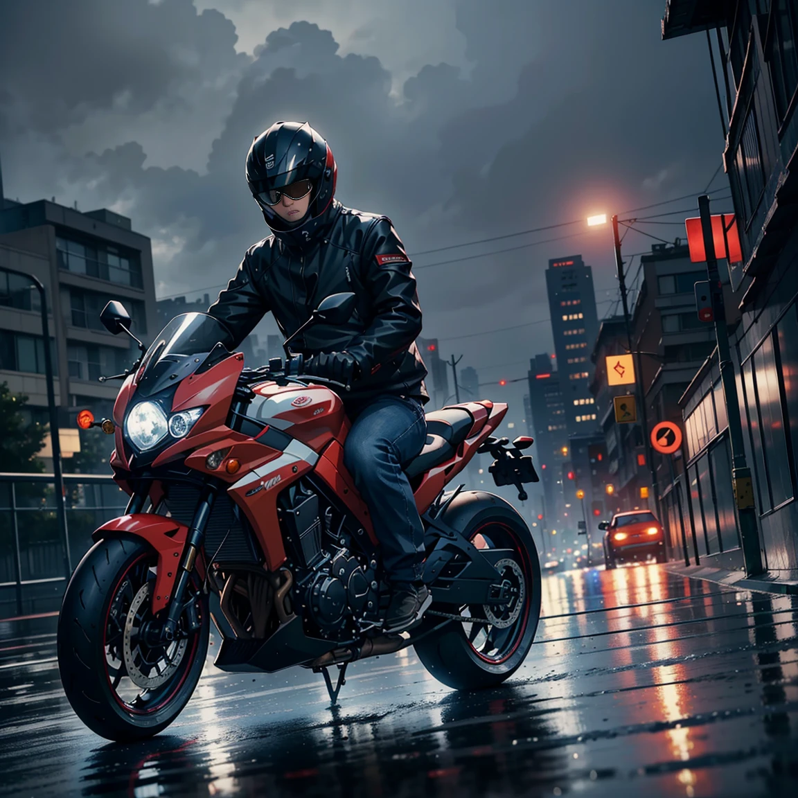 masterpiece, highest quality, a sport motorcycle, riding through a rainy city, in an 8k high-resolution image.