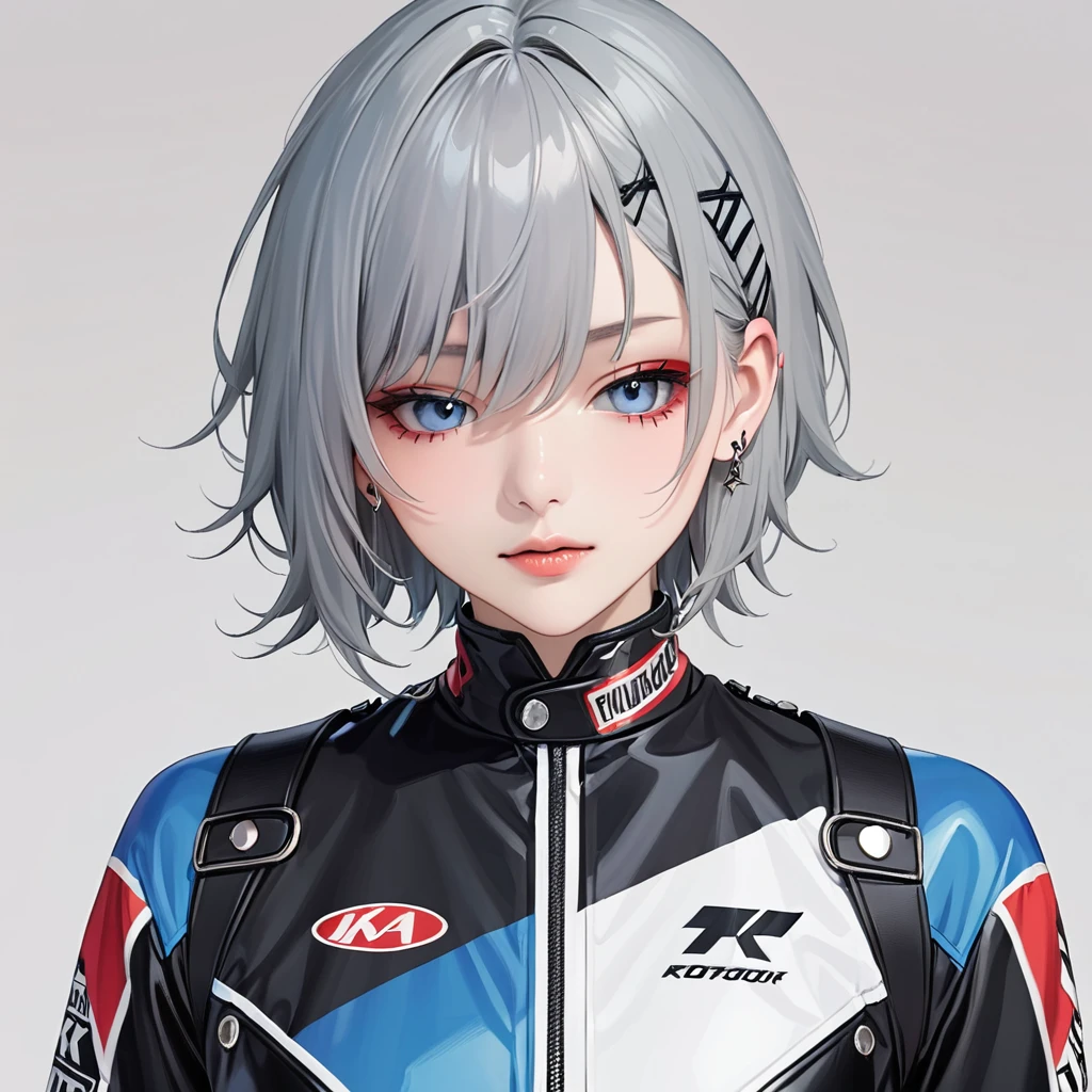 1girl, roadracer, masterpiece, highest quality, grey hair, blue eyes, short haircut, punk rock make, red_eyeshadows