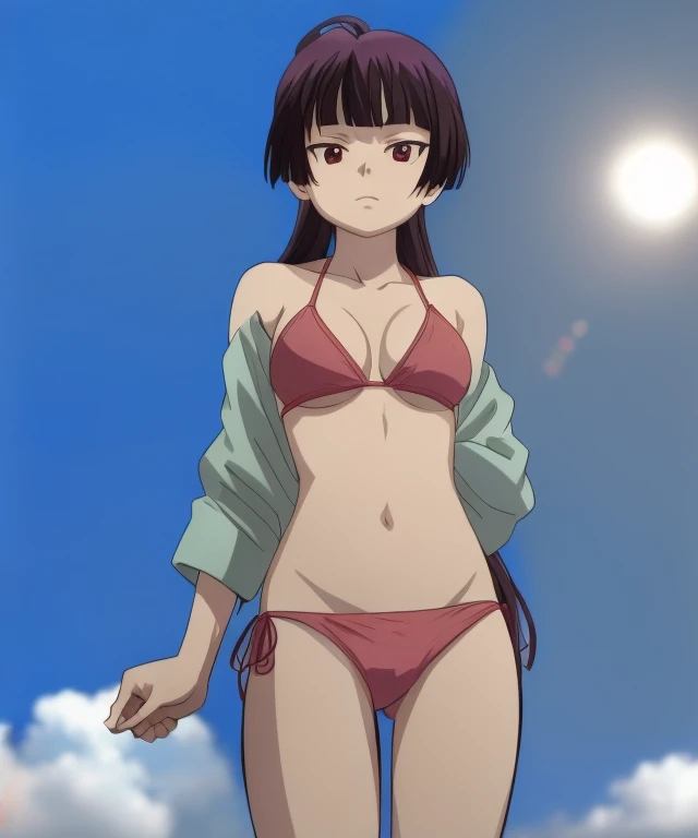 Kamiki Izumo is standing blushing in a bikini。