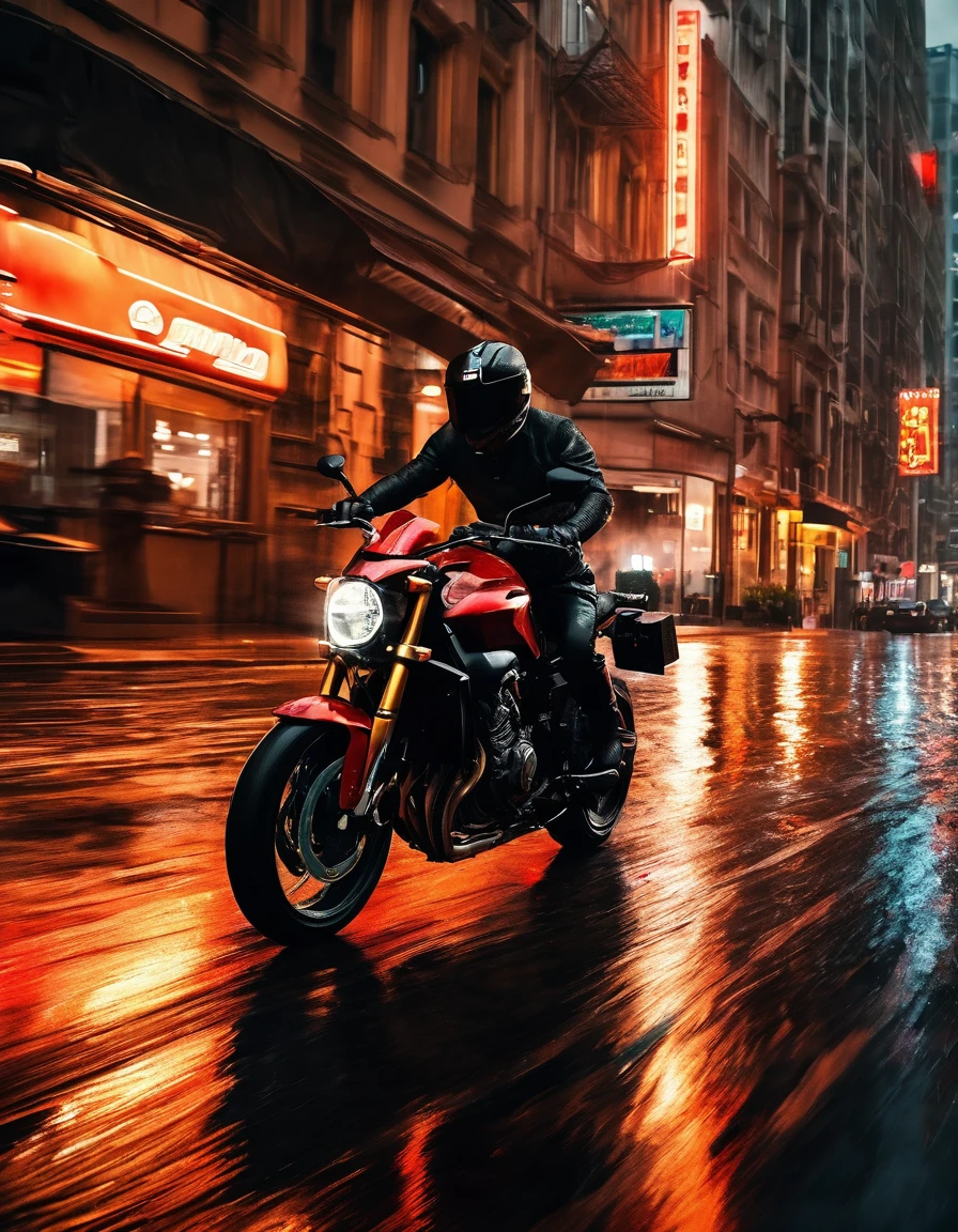 masterpiece, highest quality, a sport motorcycle, riding through a rainy city, in an 8k high-resolution image.