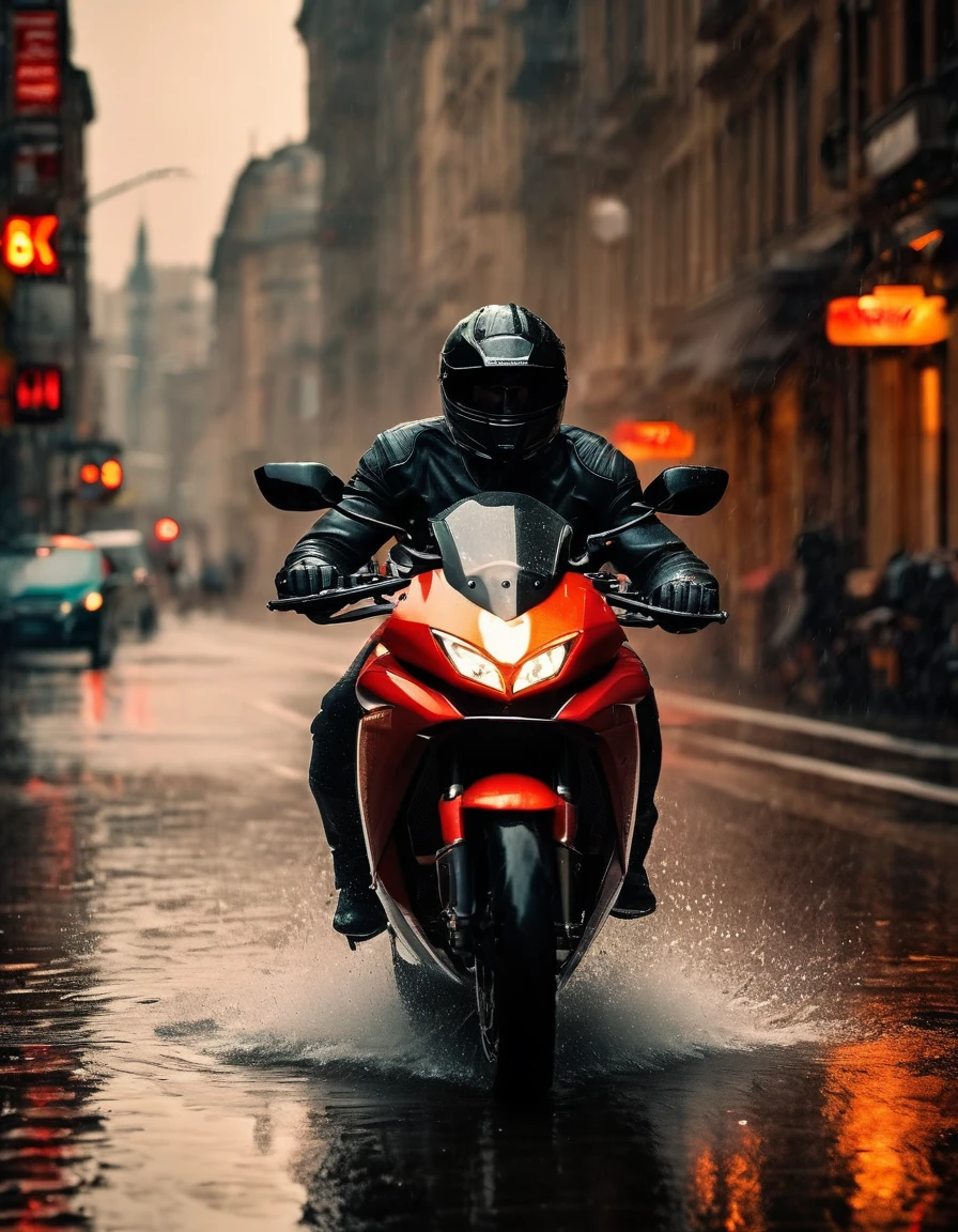 masterpiece, highest quality, a sport motorcycle, riding through a rainy city, in an 8k high-resolution image.