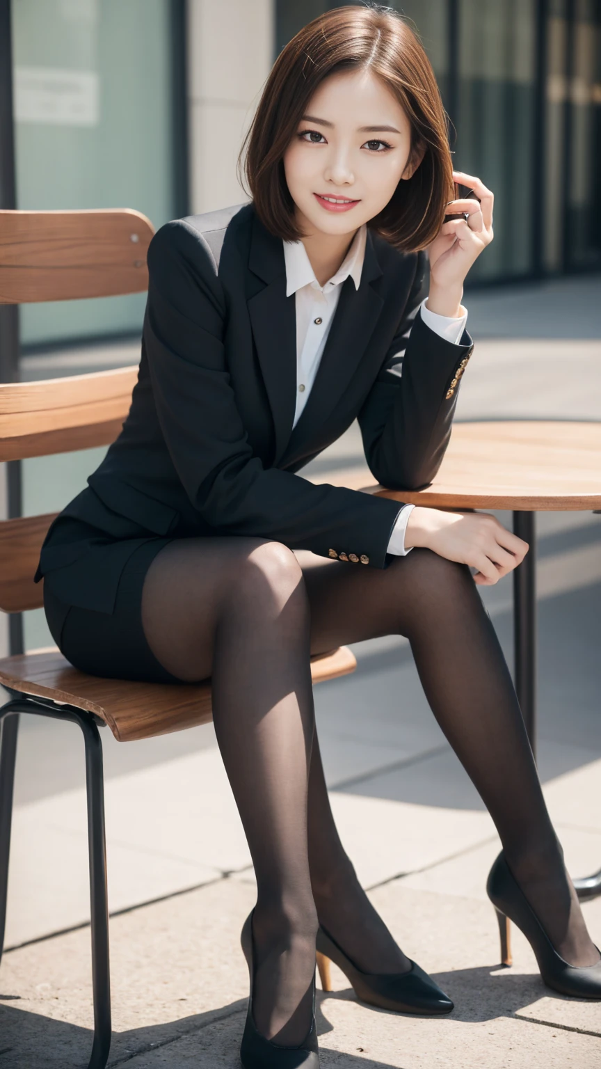 Tabletop, Highest quality, figure, Very detailed, In detail, High resolution, 8k wallpaper, Perfect dynamic composition, Beautiful attention to detail, business suit,short hair，Natural color lip, Sit on a chair and cross your legs,smile、2 Girls，Red eyeshadow，Wearing black tights，