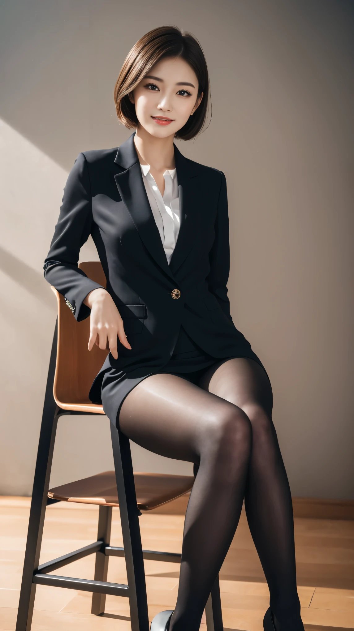 Tabletop, Highest quality, figure, Very detailed, In detail, High resolution, 8k wallpaper, Perfect dynamic composition, Beautiful attention to detail, business suit,short hair，Natural color lip, Sit on a chair and cross your legs,smile、2 Girls，Red eyeshadow，Wearing black tights，