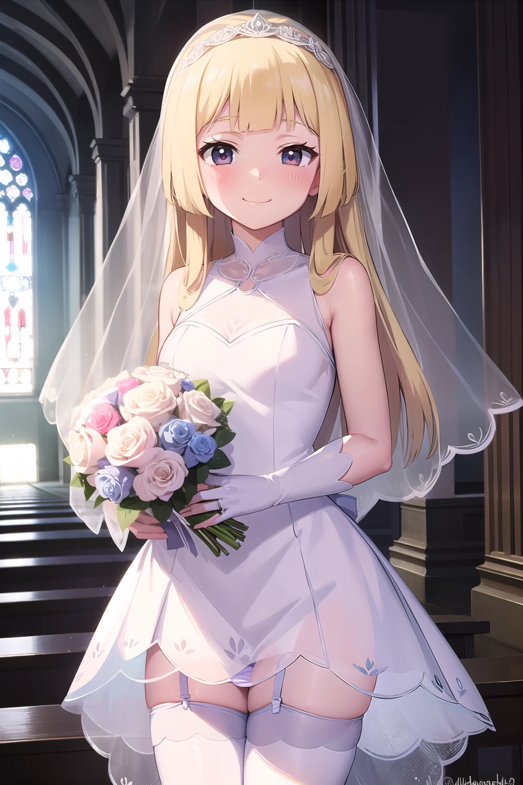 Anime style, pokemon , lile  , blonde hair  ,childshi body ,  smug face smile , blush,  bride veil ,white dress, mariage , pantie,  lace stockings ,  church , bouquet of roses. 