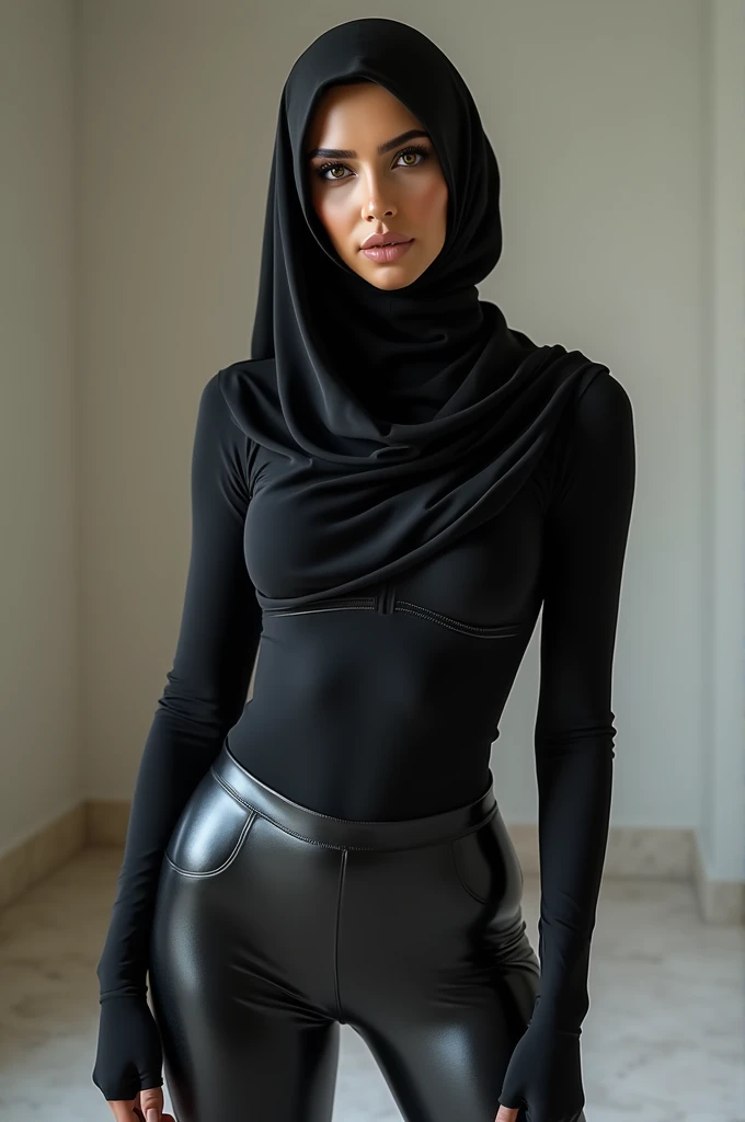 A teen girl wearing hijab . Innocent face. Long leg. Wearing full body black latex suit. High quality. High resolution