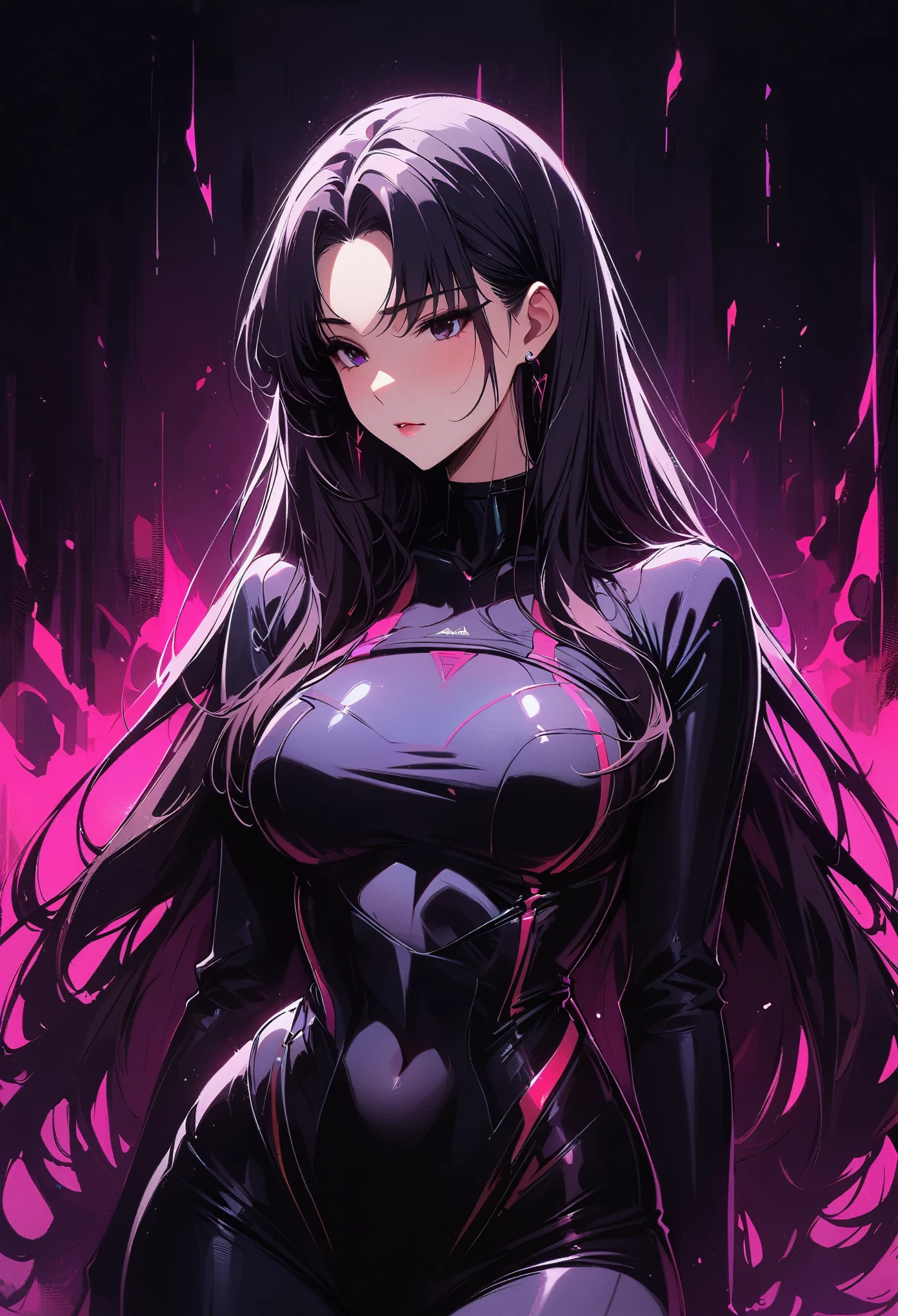 Rin Tohsaka，(masterpiece, best quality:1.2), Black Light Art，1 girl, solitary，Tight Fit衣，Chest，Tight Fit衣，Tight Fit