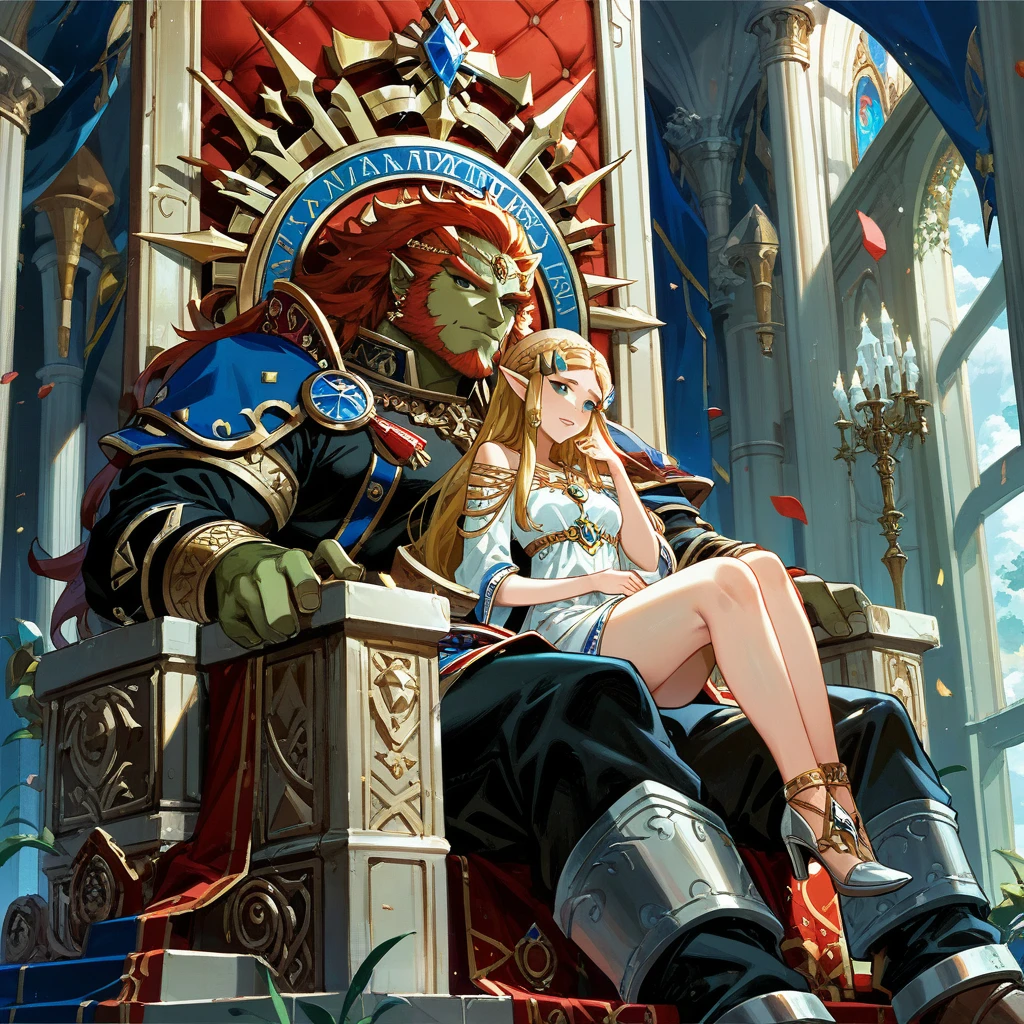 ((Highest quality)), ((masterpiece)), (detailed), （Perfect Face）、The woman is Princess Zelda, has medium-long blonde hair and is wearing an engagement ring.、The woman is happily embracing Ganondorf, who is sitting on a large, luxurious throne in the king&#39;s chambers of the luxurious royal castle, and Ganondorf is embracing the woman.、King Ganondorf and Queen Zelda of Hyrule are a loving and happy couple.、the woman is pregnant