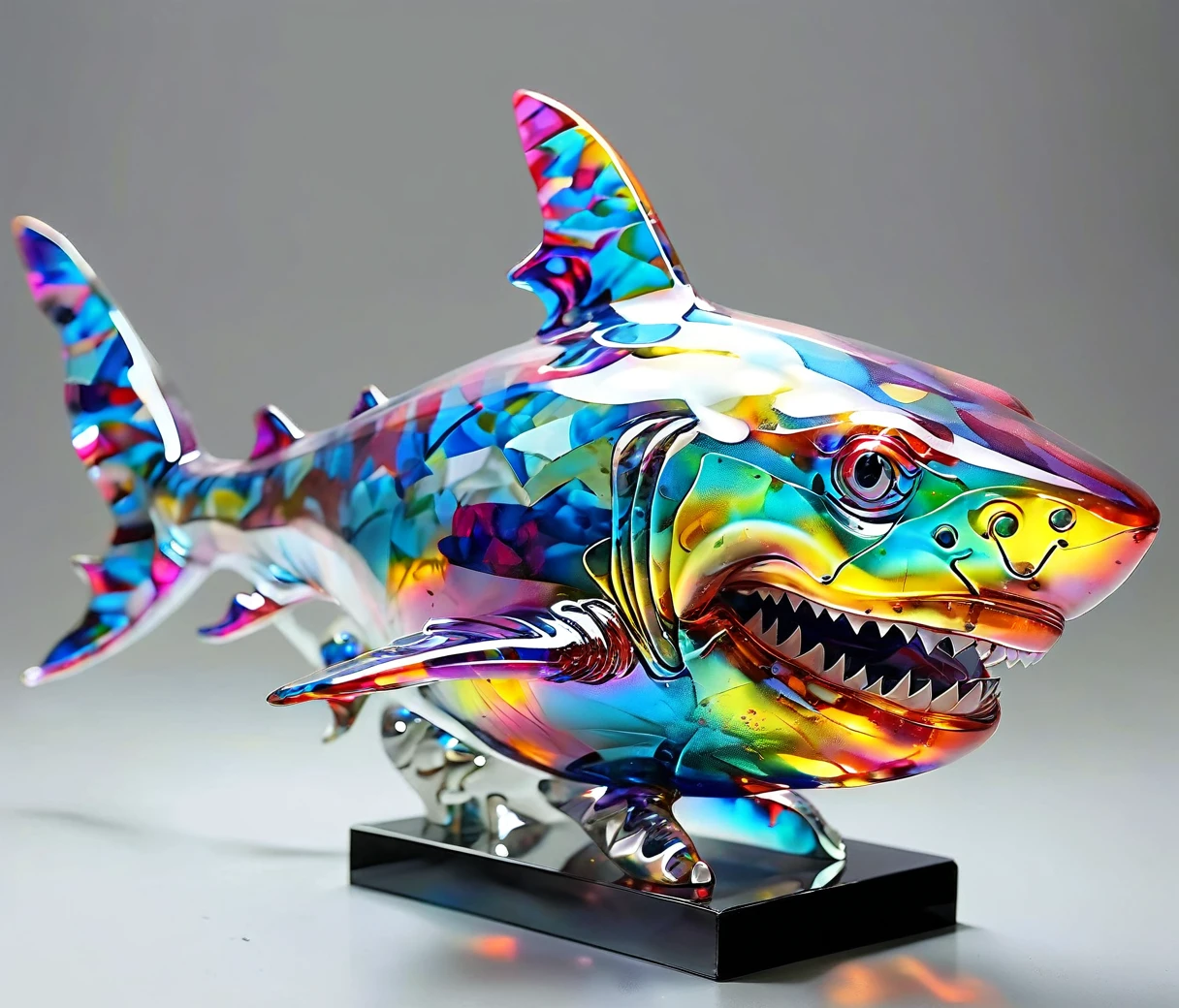 gl4ssj3m, (chubby, male, shark), transparent glass sculpture, vibrant colors, done by artists such as Ruan Jia, hires textures, highly detailed, intricate details, best quality, masterpiece, (((grey background))), detailxl