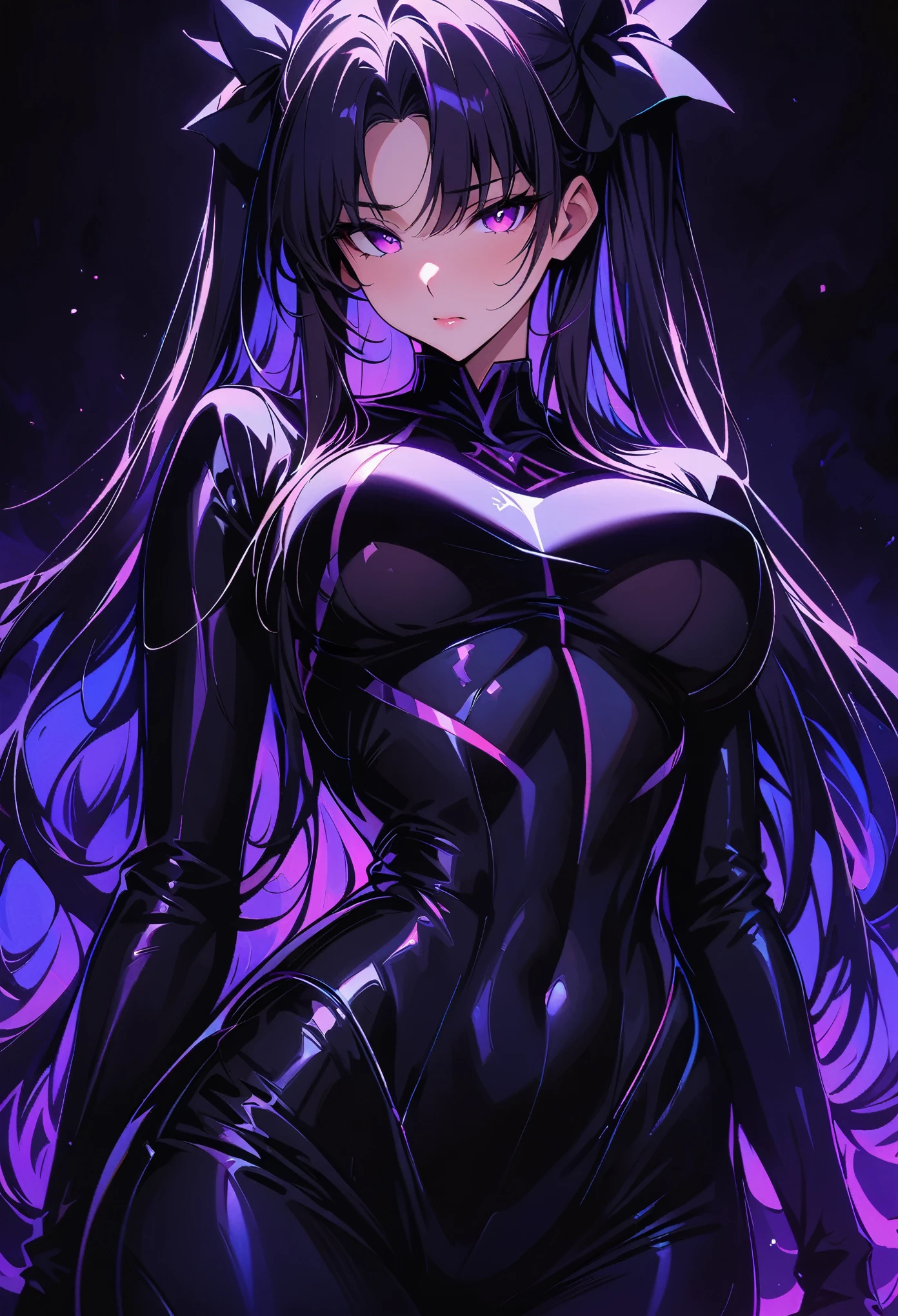 Rin Tohsaka，(masterpiece, best quality:1.2), Black Light Art，1 girl, solitary，Tight Fit衣，Chest，Tight Fit衣，Tight Fit
