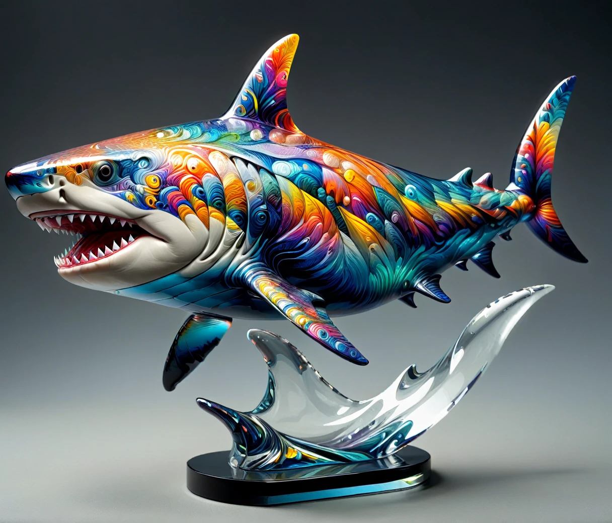 (chubby, male, shark), transparent glass sculpture, vibrant colors, highly detailed, intricate details, best quality, masterpiece, mad-vangoghian, depth of field, (((grey background)))