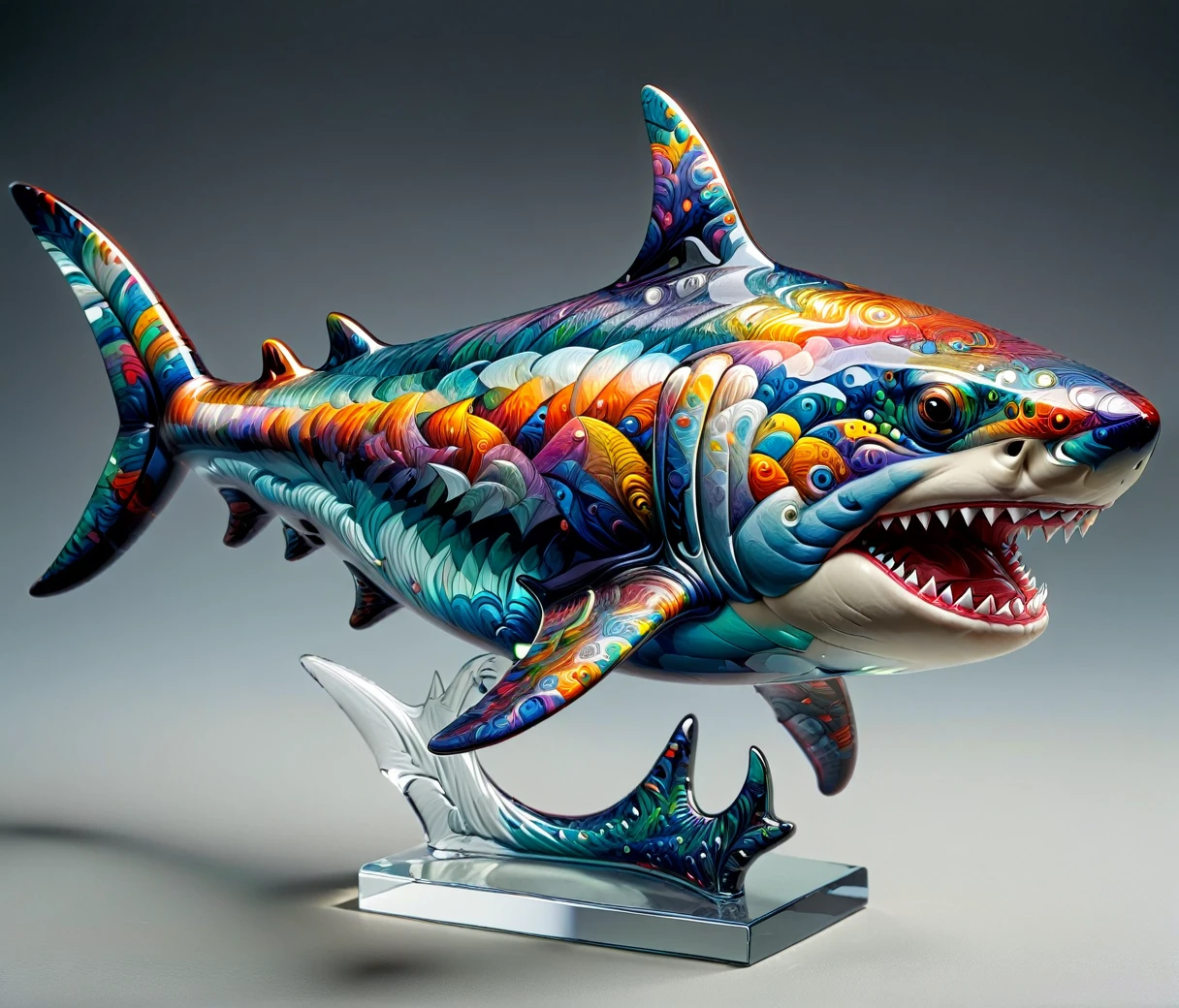 (chubby, male, shark), transparent glass sculpture, vibrant colors, highly detailed, intricate details, best quality, masterpiece, mad-vangoghian, depth of field, (((grey background)))