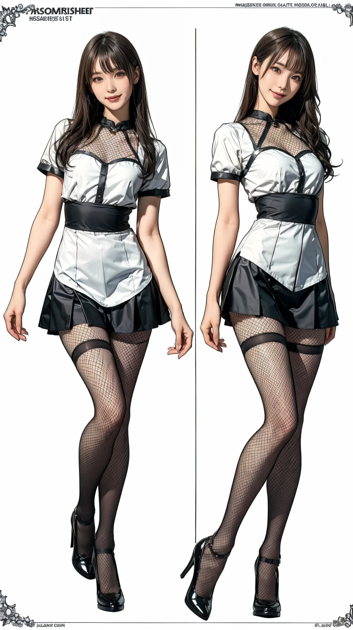 ((masterpiece)), (((Highest quality))), ((Character design sheet)), thin thighs, 1girl in sexy schoolgirl outfit, red plaid miniskirt, white blouse, short sleeve, black Mary Janes, white thigh highs, tight fit:1.5, large breasts, cleavage:2, blonde hair in high ponytail, glasses, smiling, butt exposure:2