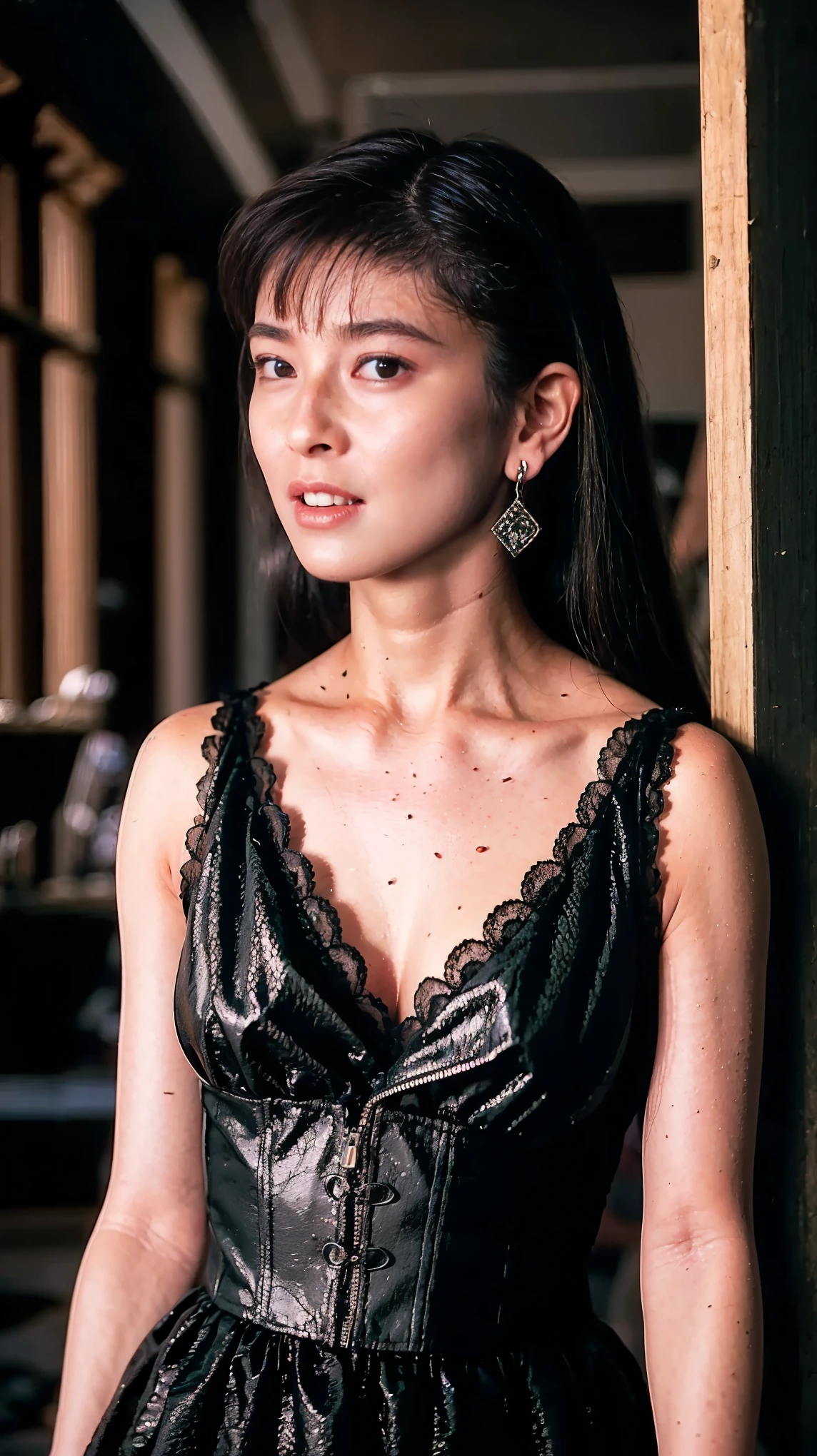 cinematic, Blue hour, (((Ultimate ultra Photorealistic, ultimate high-quality 32k photo))),(((An American shot photo, crossed arms, a40yo ultimate beautiful &cute Japanese actress, looking at viewer:1.5))),(((She has a very intelligent and ultimate beautiful Japanese face&black eyes, pointy nose, ultra detailed face, oval face, very blushing cheeks, ultimate well-proportioned face, seductive smile, seductive hips and Waistline))),((black elegant wet short bob, very light naturally makeup)), Accurate depiction of fingers and arms:1.4, (((She has the ultimately perfect nice&Sensual proportions, very just fitted v-neck half sleeve dark beige elegant lacy buttonless Open-collar very wet one piece dress ))), (((white beautiful ultimate realistic glossy wet Japanese lady Fair and beautiful sweaty skin , A simple and modest silver necklace, very Humid and Hot very dark summer evening ,Tokyo business office street)))