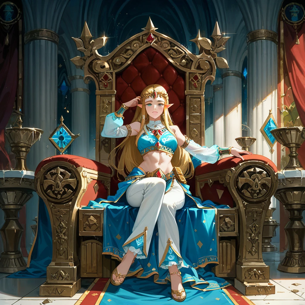 ((Highest quality)), ((masterpiece)), (detailed), （Perfect Face）、The woman is Princess Zelda, with blonde medium-long hair, an engagement ring, and a sexy Gerudo outfit.、The woman is happily embracing Ganondorf, who is sitting on a large, luxurious throne in the king&#39;s chambers of the luxurious royal castle, and Ganondorf is embracing the woman.、King Ganondorf and Queen Zelda of Hyrule are a loving and happy couple.