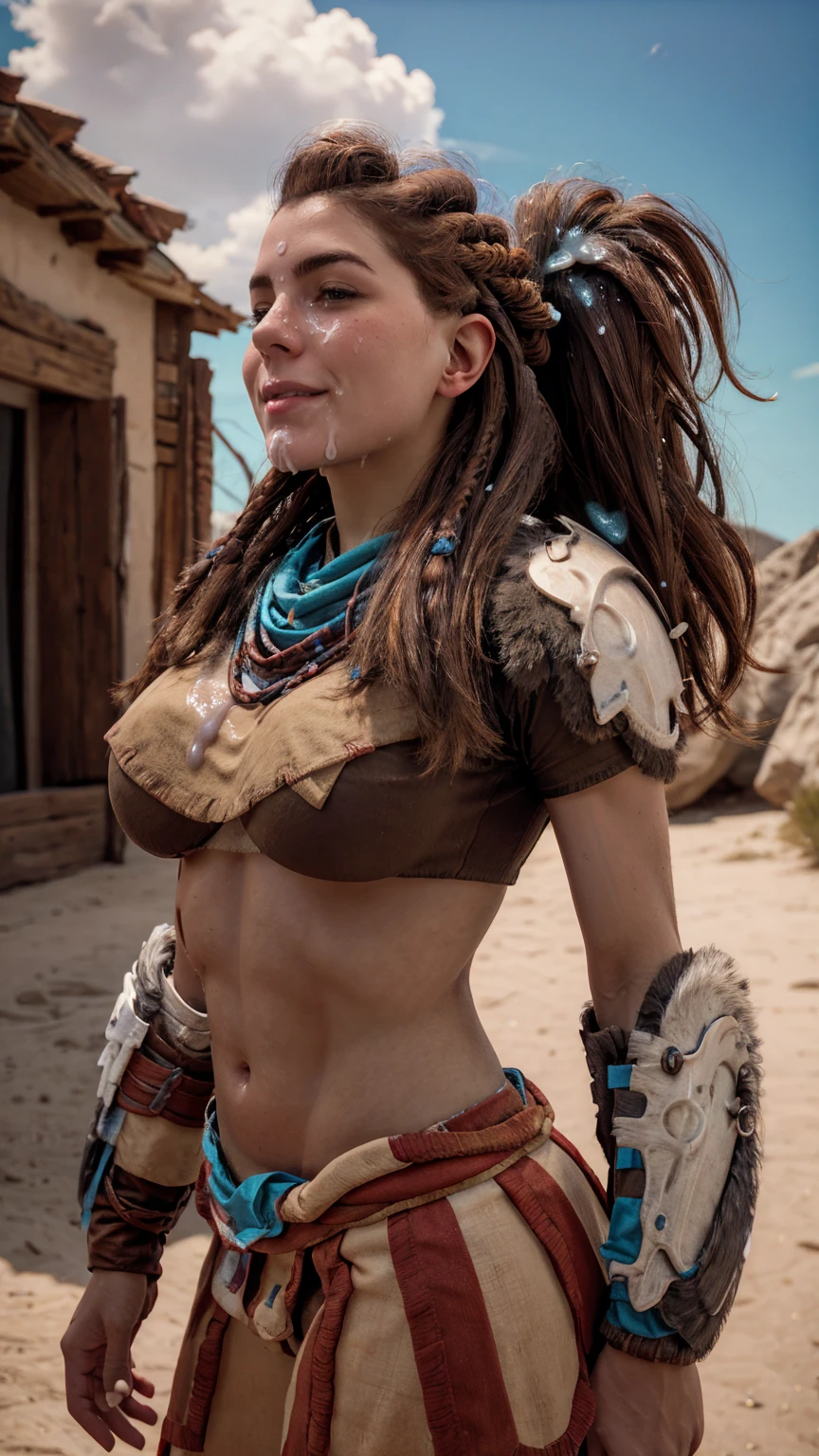 AloyHorizon, solo, long hair, smile, brown hair, hair ornament, navel, rock climber physique, brown eyes, braid, outdoors, parted lips, sky, day, midriff, red hair, (hands behind head), bikini armor, armor, blue sky, lips, thick eyebrows, shoulder armor, freckles, looking into camera, cumfacial55, cum on face, cumshot, cum
cumfacial
facial 