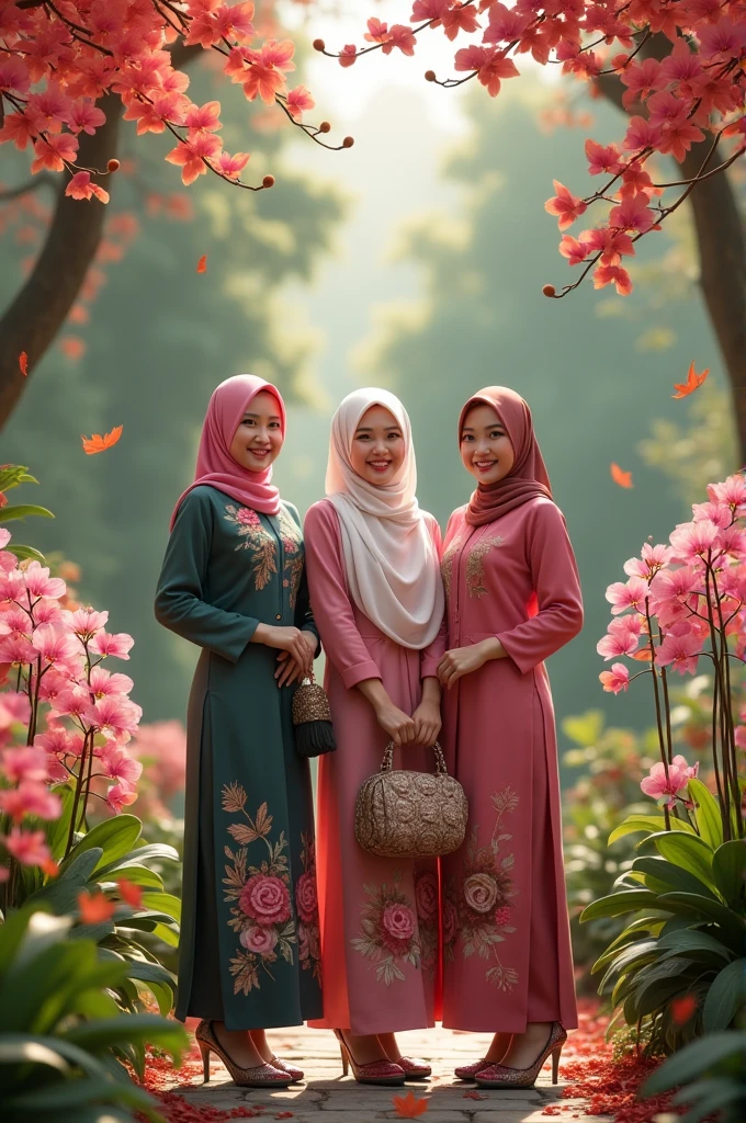 3 hijab girl wearing a Dutch noni dress wearing beautiful lace with umbrella sleeves wearing shoes, while in the yard outside there is a tree with pink leaves falling and smiling wearing a white patterned umbrella, around her there are houses relics of the Netherlands from the past