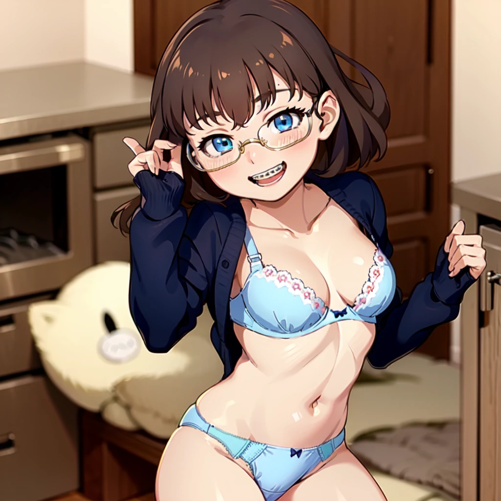 1girl, seductive eyes, braces, glasses, smiling, open mouth, cute, blue eyes, blush, brown hair, wearing bra, wearing blue panties, no pants, best quality, masterpiece, highres