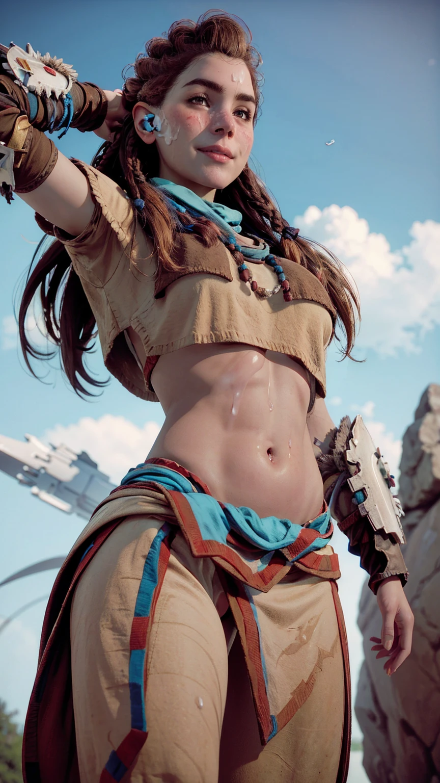 AloyHorizon, solo, long hair, smile, brown hair, hair ornament, navel, rock climber physique, brown eyes, braid, outdoors, parted lips, sky, day, midriff, red hair, (hands behind head), bikini armor, armor, blue sky, lips, thick eyebrows, shoulder armor, freckles, looking into camera, cumfacial55, cum on face, cumshot, cum
cumfacial
facial 