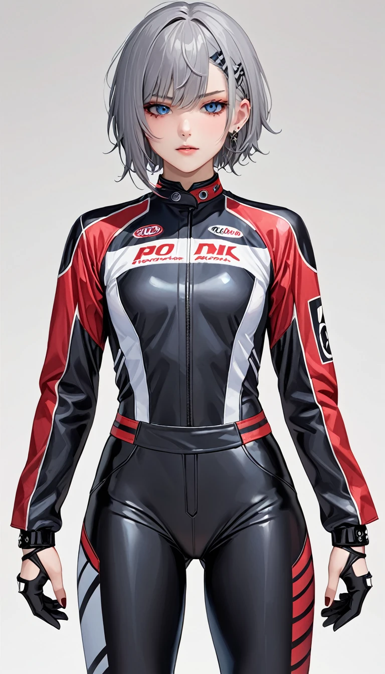 1girl, roadracer, rider suits, masterpiece, highest quality, grey hair, blue eyes, short haircut, punk rock make, red_eyeshadows