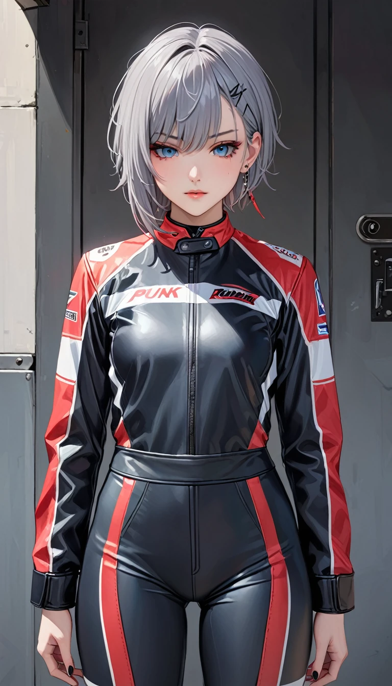 1girl, roadracer, rider suits, masterpiece, highest quality, grey hair, blue eyes, short haircut, punk rock make, red_eyeshadows