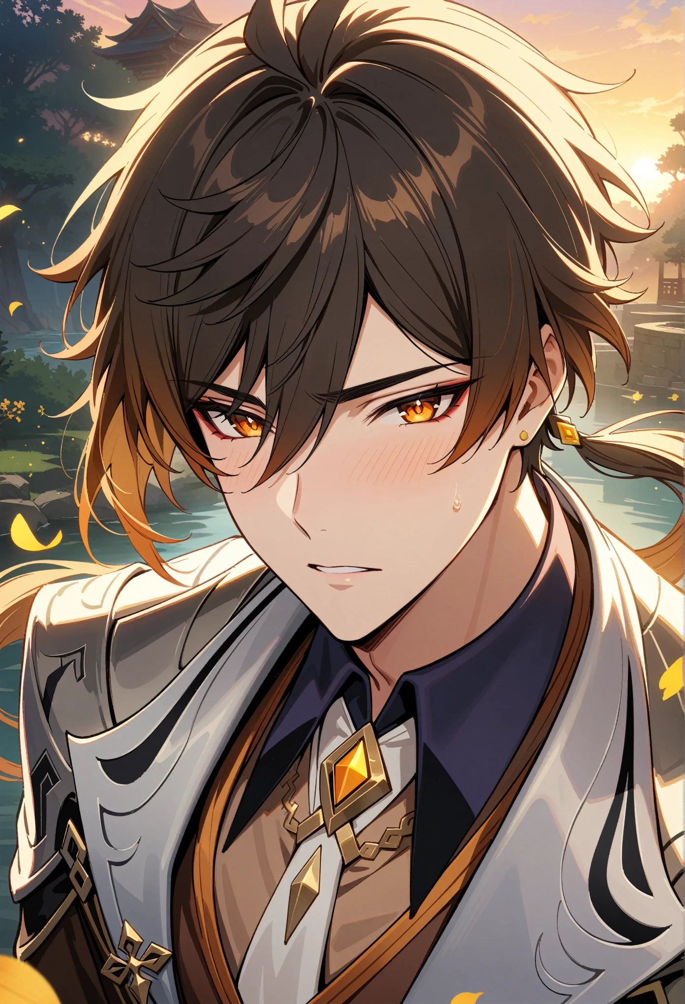 Masterpiece,very aesthetic,1boy((,zhongli)),solo,long hair in low ponytail,yellow gold eyes,male_focus,mature male,face_focus,portrait,waist up,narrow_waist,blushing,aroused,orgasm,turned on,hot,sweating
BREAK
illustrated by (guweiz:0.5) and (dsmile:0.35),cel shading,slim face,masamune shiro, casimir art
BREAK
A chinese garden with orchids and stairs and trees,royal garden background,beautiful intricate anime scenery,peaceful pond with floating light particles and lotuses,((stunning sunset backdrop)),gorgeous fantasy aesthetic, rich vivid color
BREAK
elysian realm,osmanthus,floating petals,detailed key anime art, luocha from honkai star rail, honkai star rail character, handsome guy in demon slayer art, genshin, detailed clothes, depth of field, cinematic lighting, ray tracing, UHD, high details, high quality, award winning, super detail, (best quality,4k,8k,highres,masterpiece:1.2)