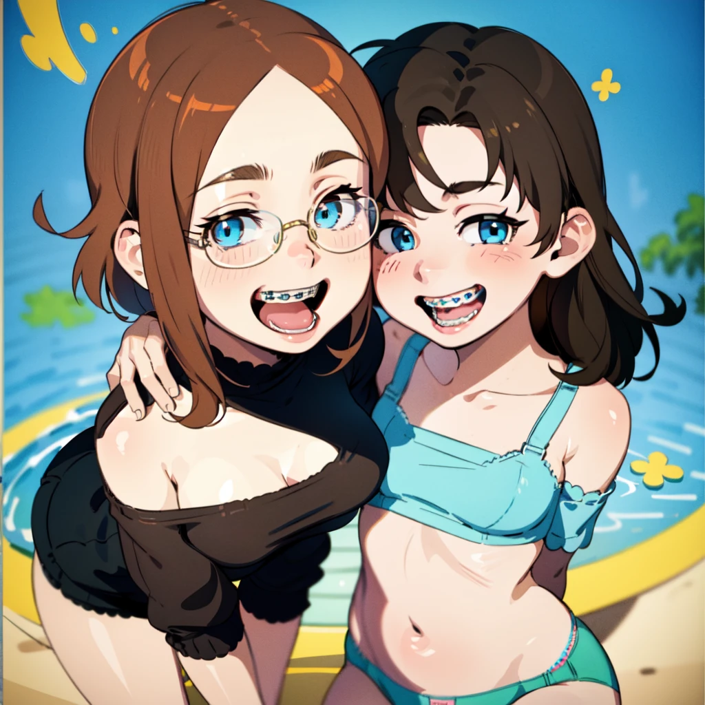 Ten_years_old girl, very short shorts, booty shorts, topless, nude smile, open mouth, freckled skin, body freckles, glasses