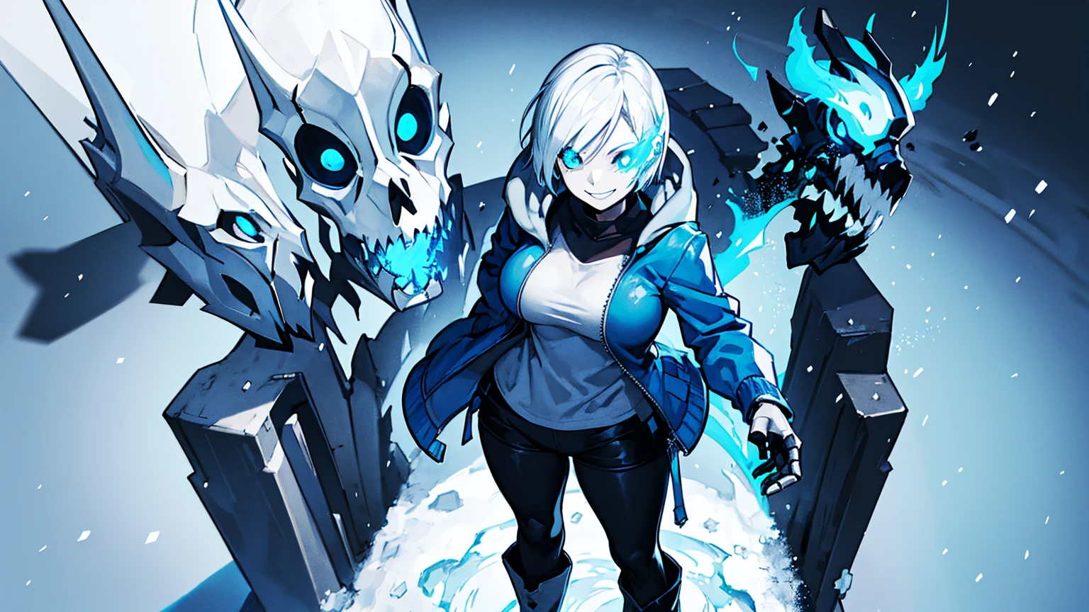 Sans blue jacket black shirt fire eyes skull smile long eyelashes white short hair glowing face blue dragon skull cannon standing alone in the snow town Femininefull Super huge big breasts breast enlargement full-body shot