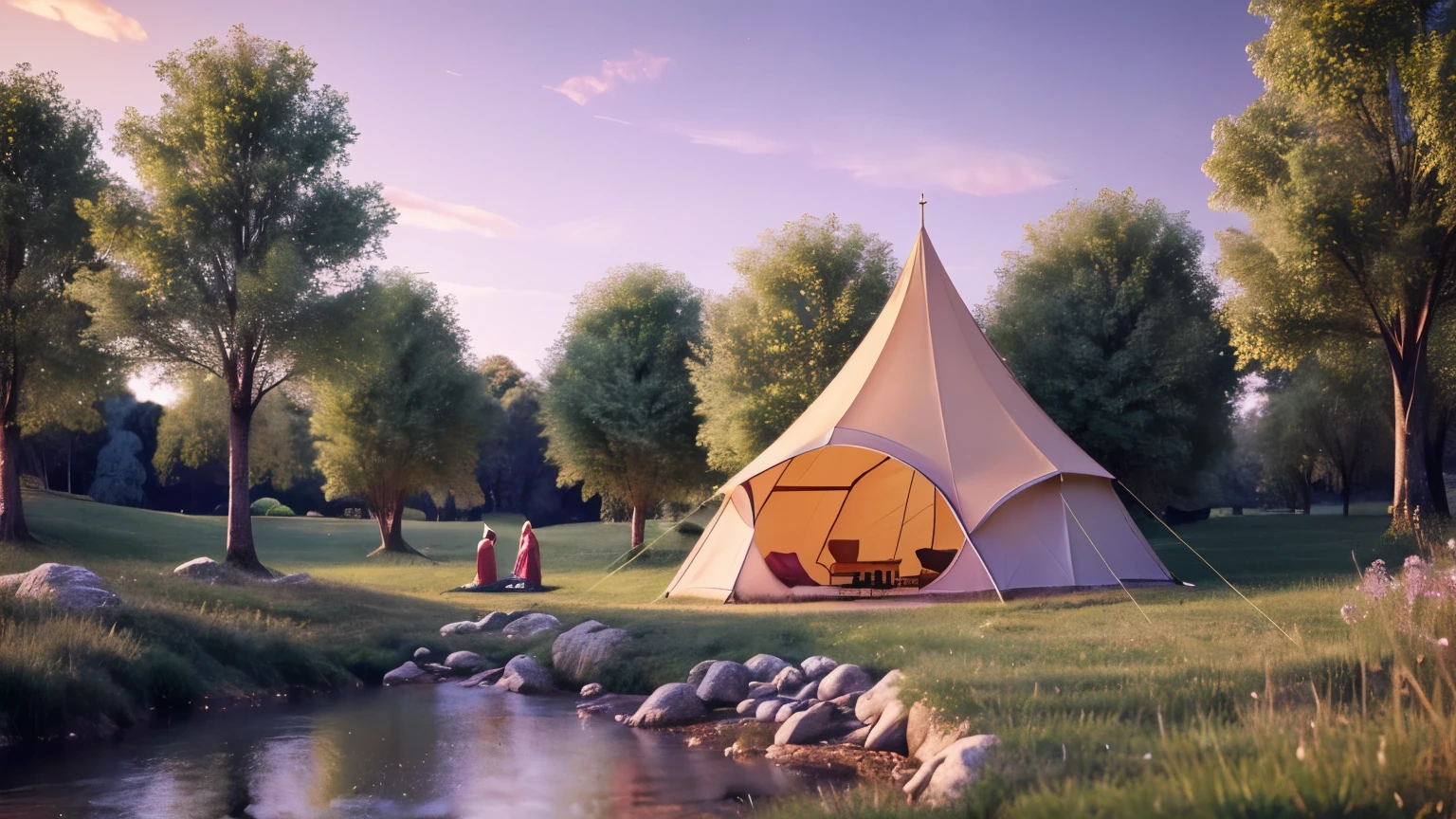 Medieval European classical tent，spires，The environment is suburban，There is a stream behind the tent，Children playing by the creek，luxury，reality，HD