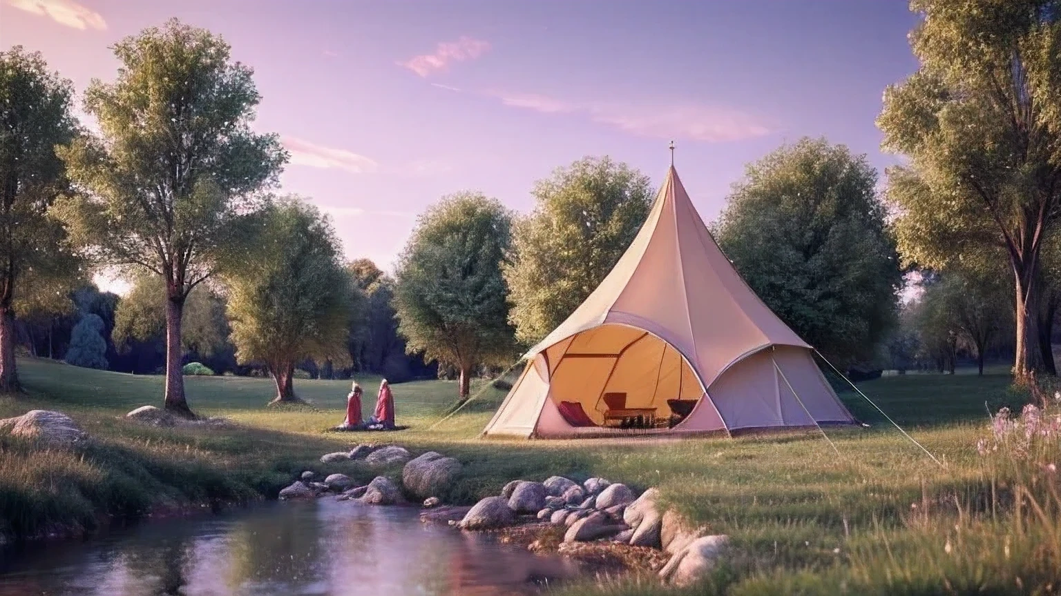 Medieval European classical tent，spires，The environment is suburban，There is a stream behind the tent，Children playing by the creek，luxury，reality，HD