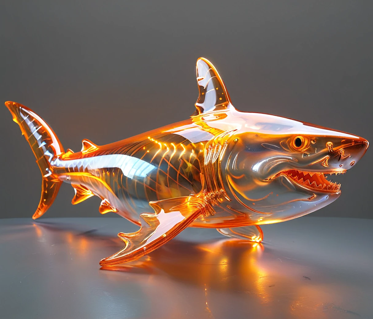 gl4ssj3m, (chubby, male, orange shark), glowneon, transparent glass sculpture, vibrant neon, hires textures, highly detailed, intricate details, best quality, masterpiece, cinematic lighting, casting a gentle glow on its surroundings, warm light, (((grey background))), detailxl