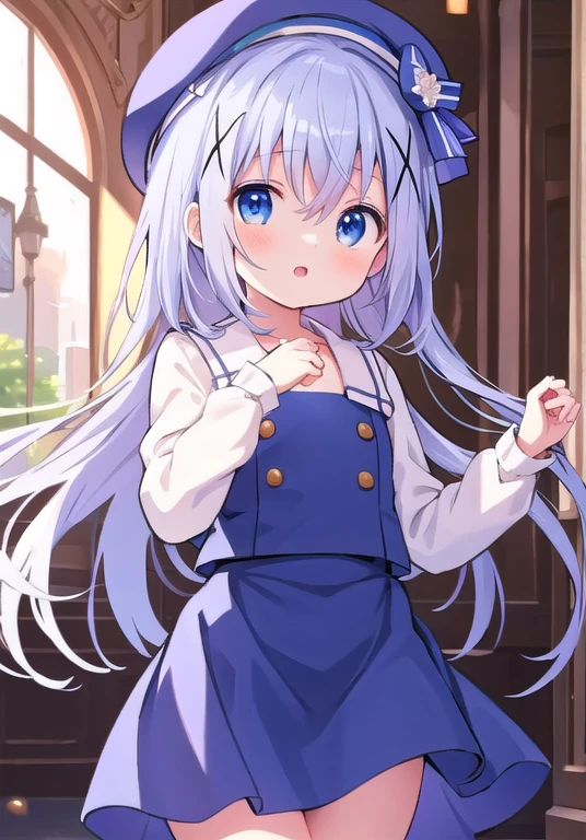 Beautiful illustrations、(masterpiece、Highest quality、8k ), (Beautiful details), Highly detailed face, Perfect lighting, Extremely detailed CG, (Perfect hands, Perfect Anatomy),((Chino))、chino school, blue eyes, Light blue hair, Long Hair, Straight hair, Hair between the eyes, hair ornaments, x hair ornaments, Flat Chest, Sparkling eyes、school uniform, beret, Thighs、Idol Pose、