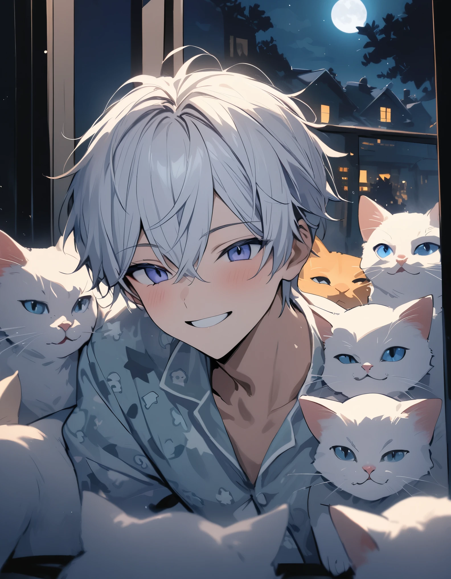 Masterpiece,  ((20 years old boy)), white hair, smile, star pattern pajamas, surrounded by many cats, the moon from the window, Night, ((upper body))